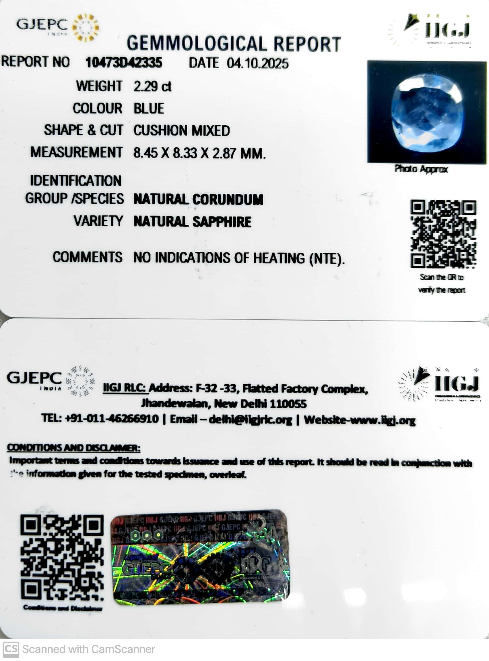 2.29/CT Natural Blue Sapphire with Govt Lab Certificate (23310)