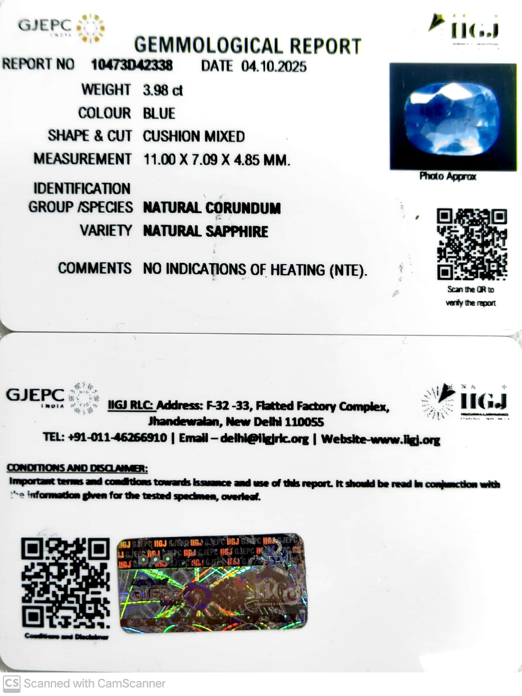 3.98/CT Natural Blue Sapphire with Govt Lab Certificate (34410)