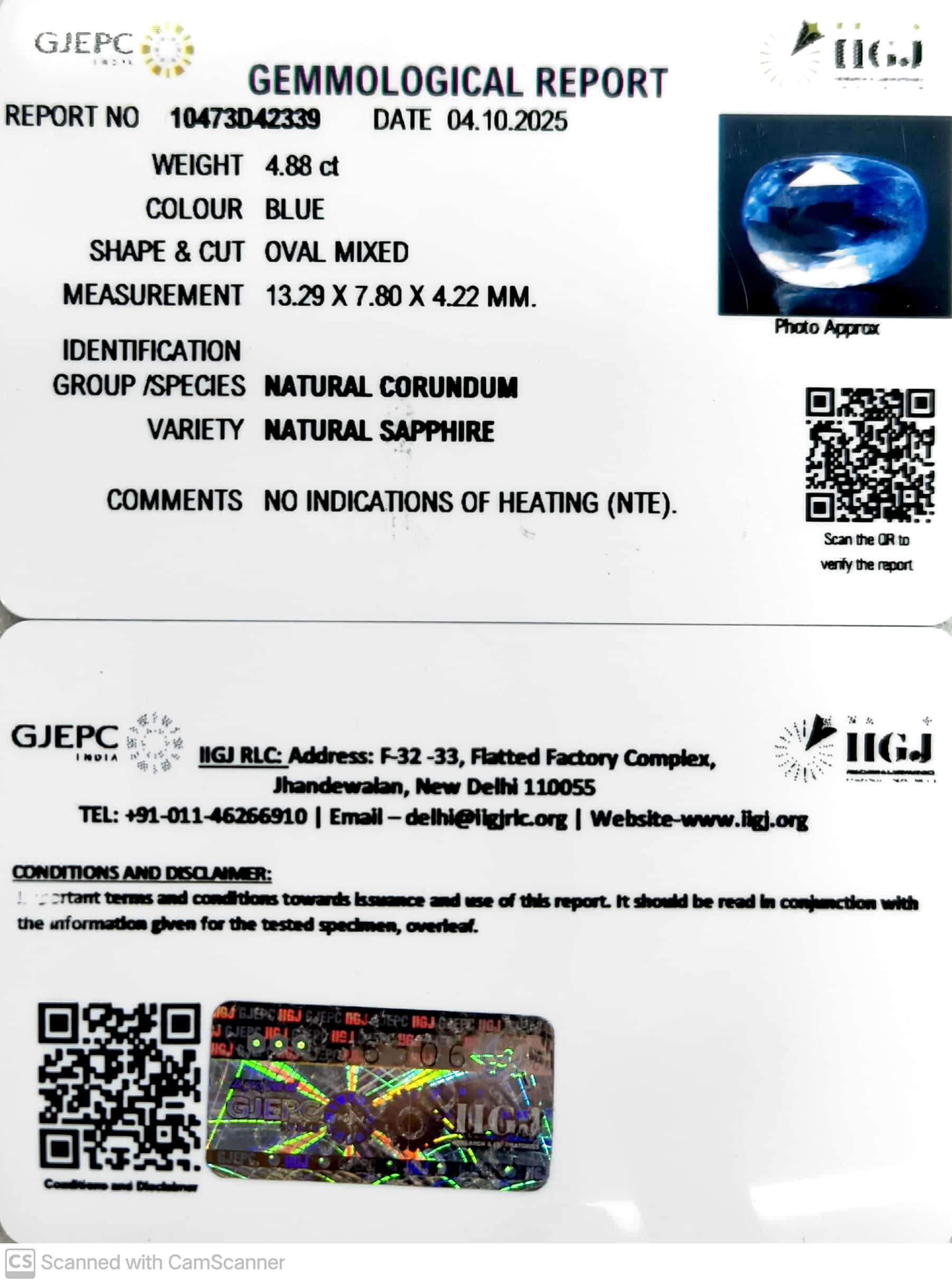 4.88/CT Natural Blue Sapphire with Govt Lab Certificate (45510)