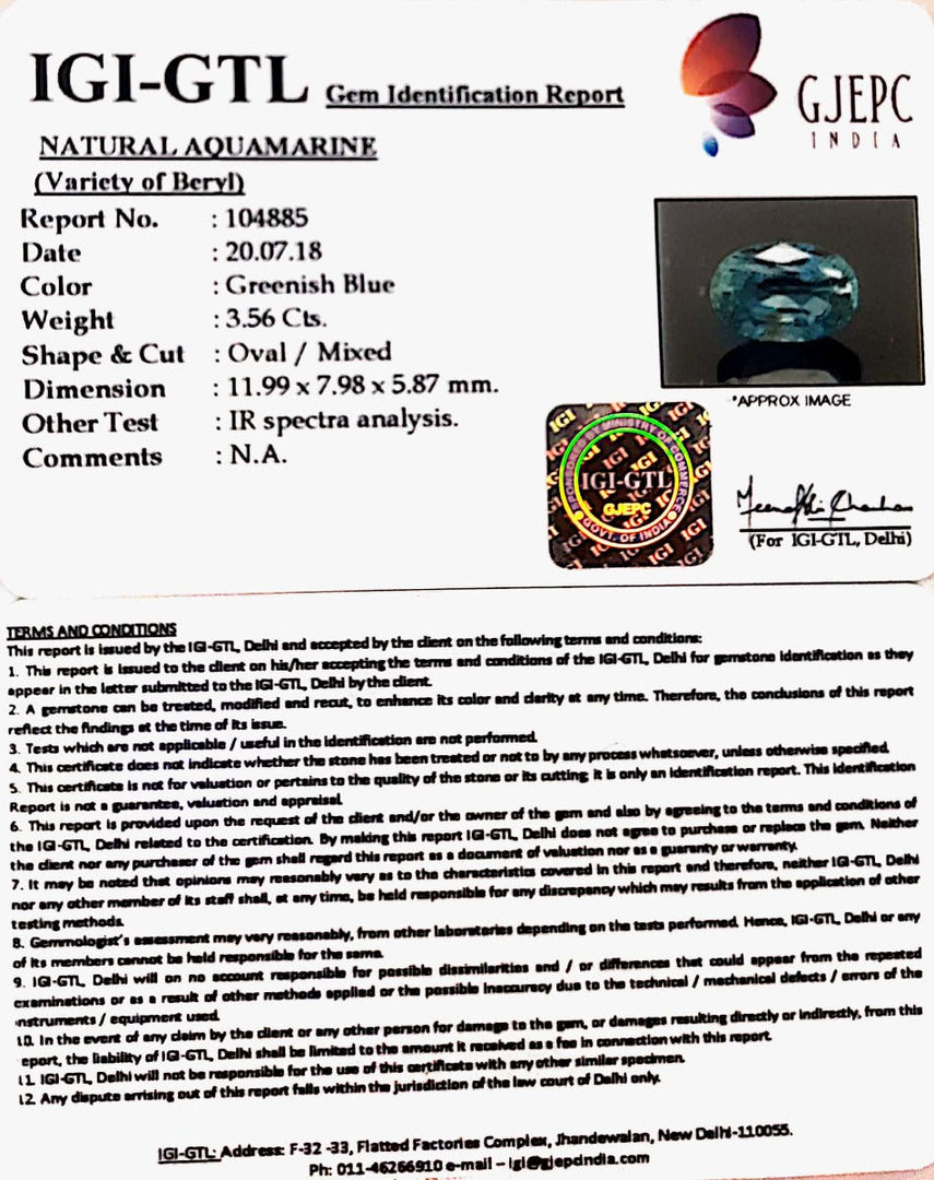 3.56/CT Natural Aquamarine With Govt. Lab Certificate-5661