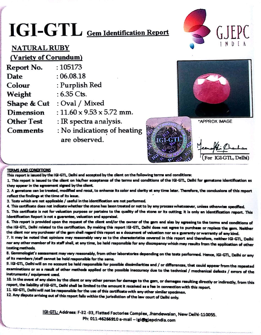 7.06 Ratti Natural New Burma Ruby with Govt. Lab Certificate