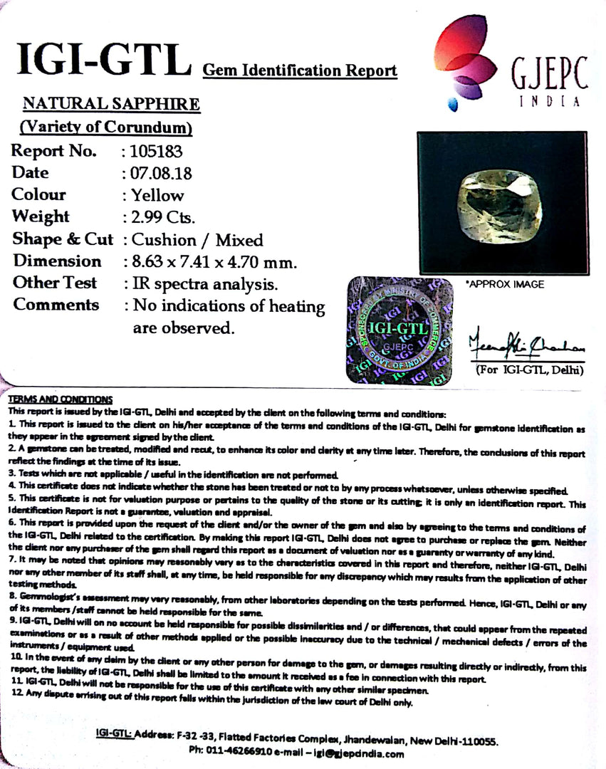 3.32 Ratti yellow sapphire with Govt Lab Certificate-(YELSA9T)