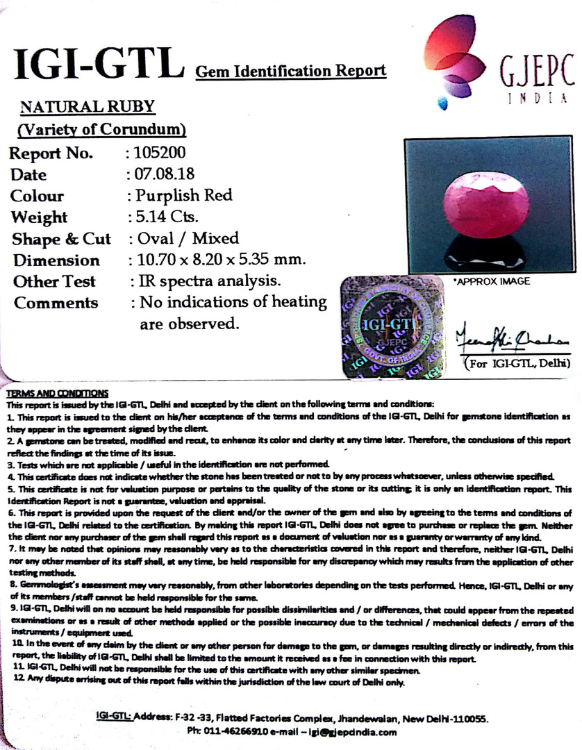5.71 Ratti Natural New Burma Ruby with Govt. Lab Certificate