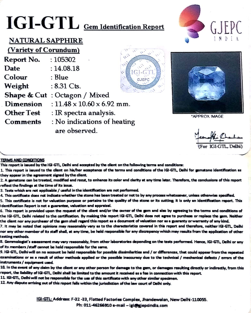 8.31/CT Natural Blue sapphire with Govt Lab Certificate-BLUSA9A