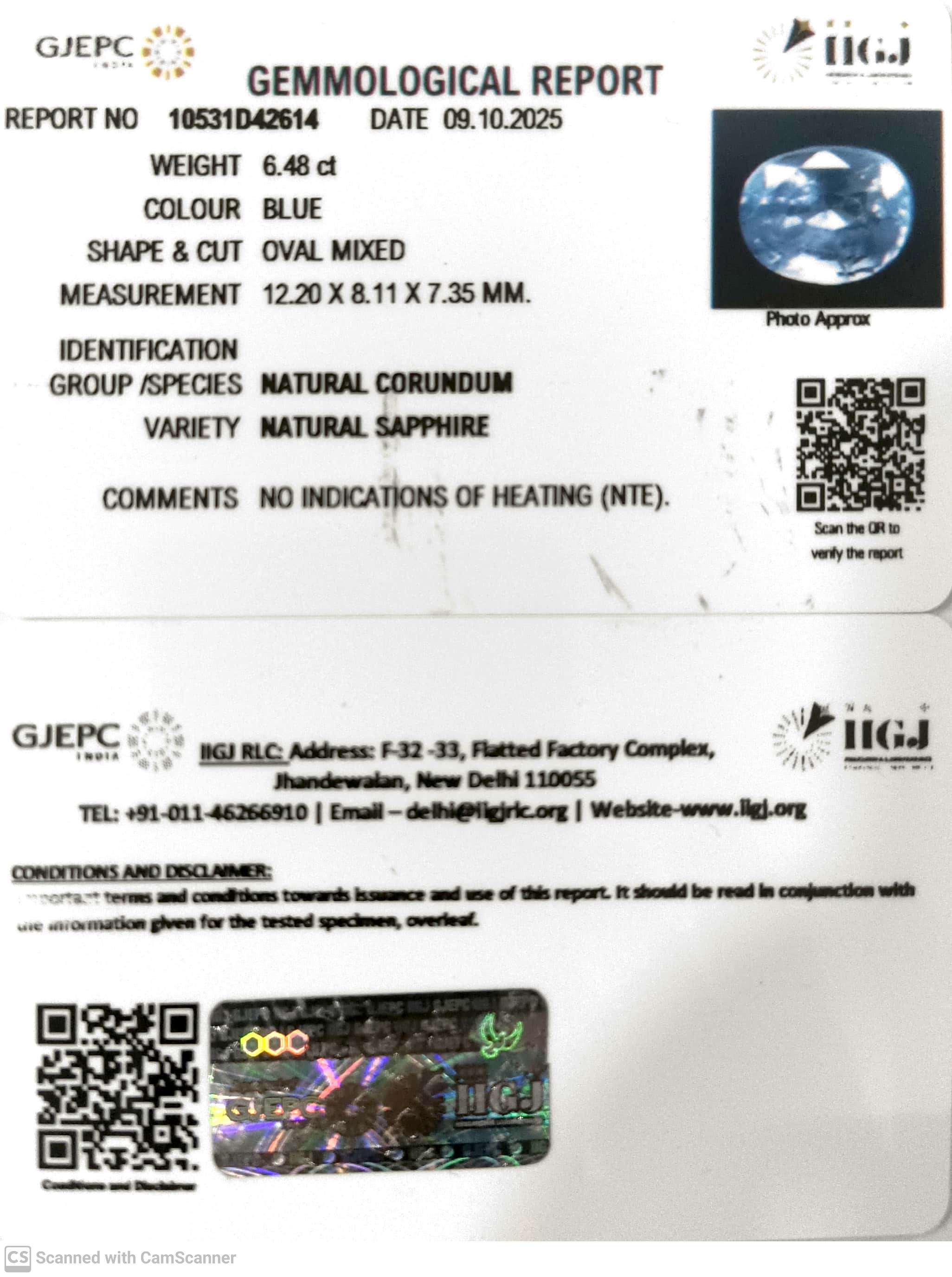 6.48/CT Natural Blue Sapphire with Govt Lab Certificate (16650)