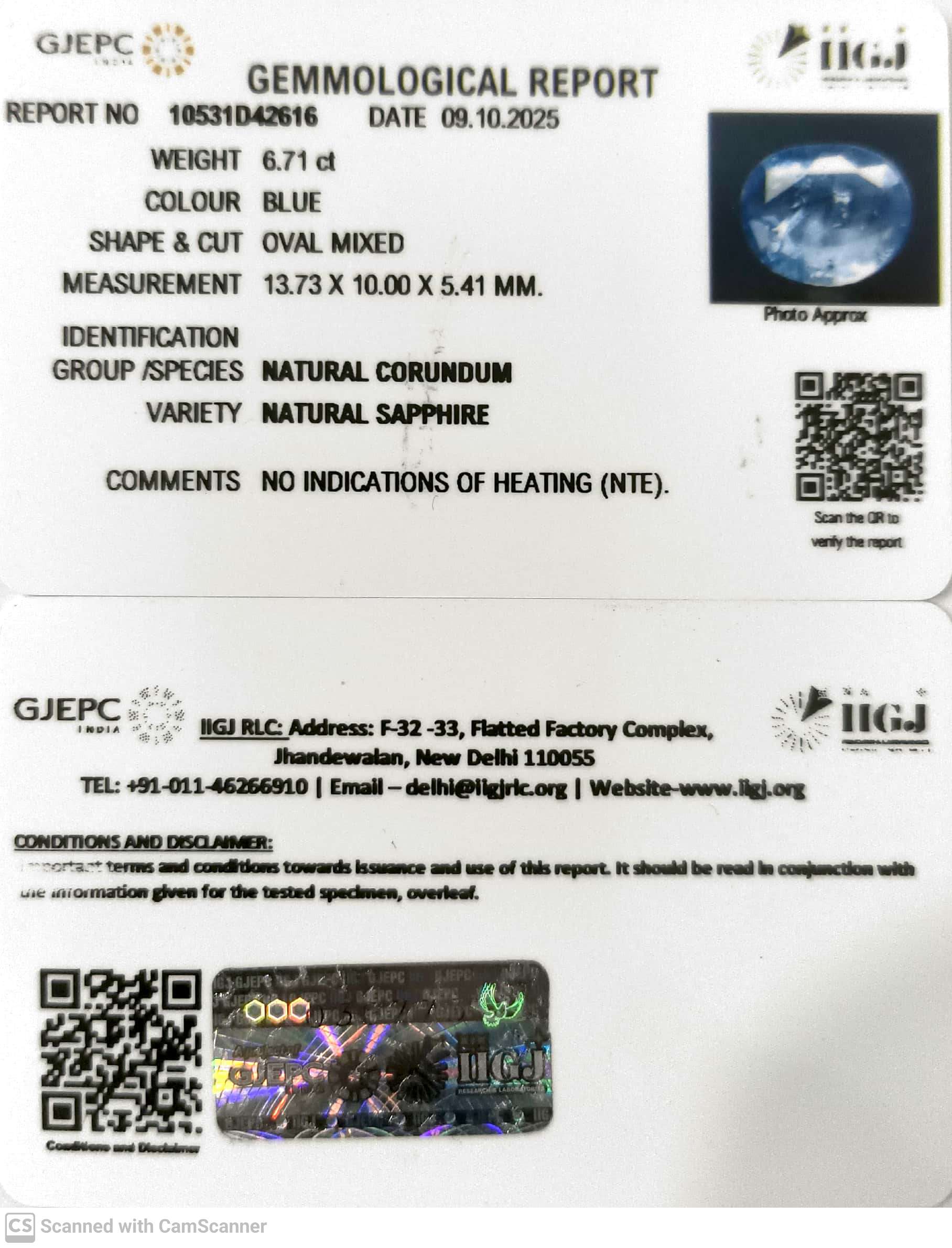 6.71/CT Natural Blue Sapphire with Govt Lab Certificate (16650)