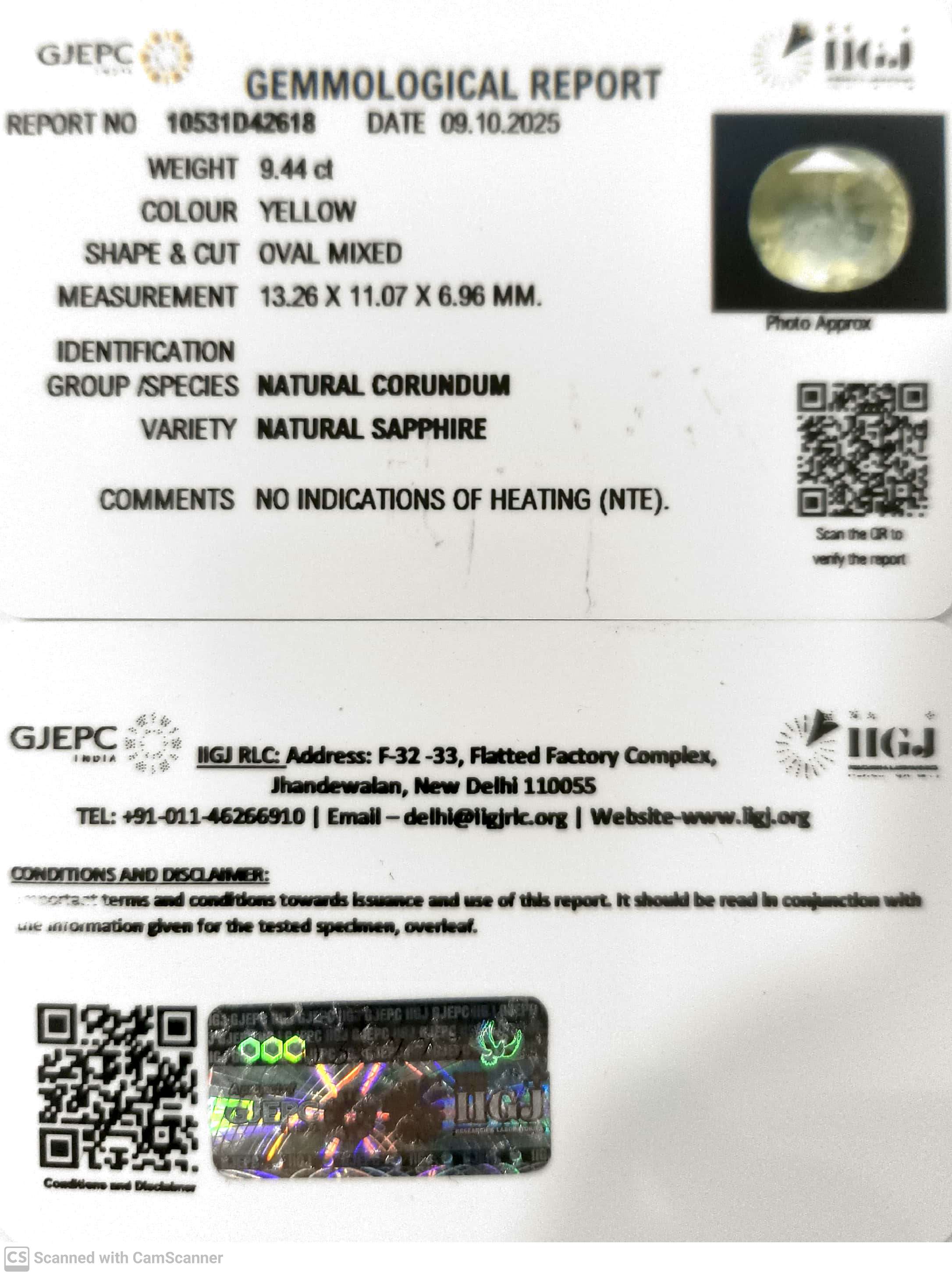 9.44/CT Natural Yellow Sapphire With Govt Lab Certificate (16650)