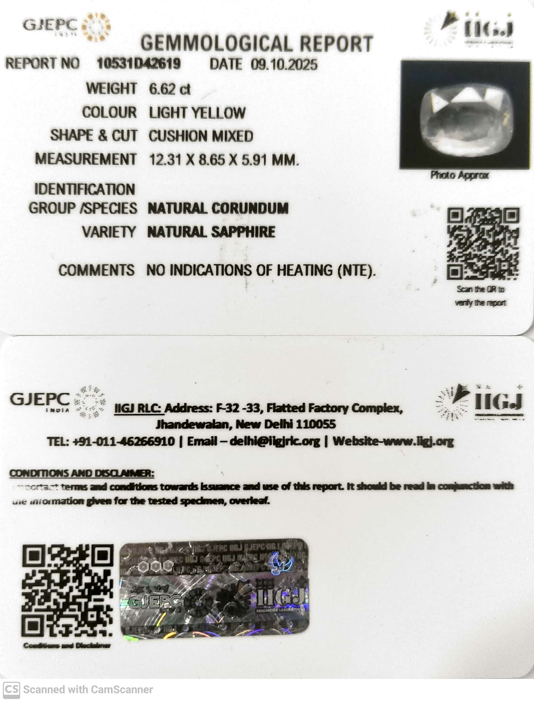 6.62/CT Natural Yellow Sapphire With Govt Lab Certificate (10531D42619)