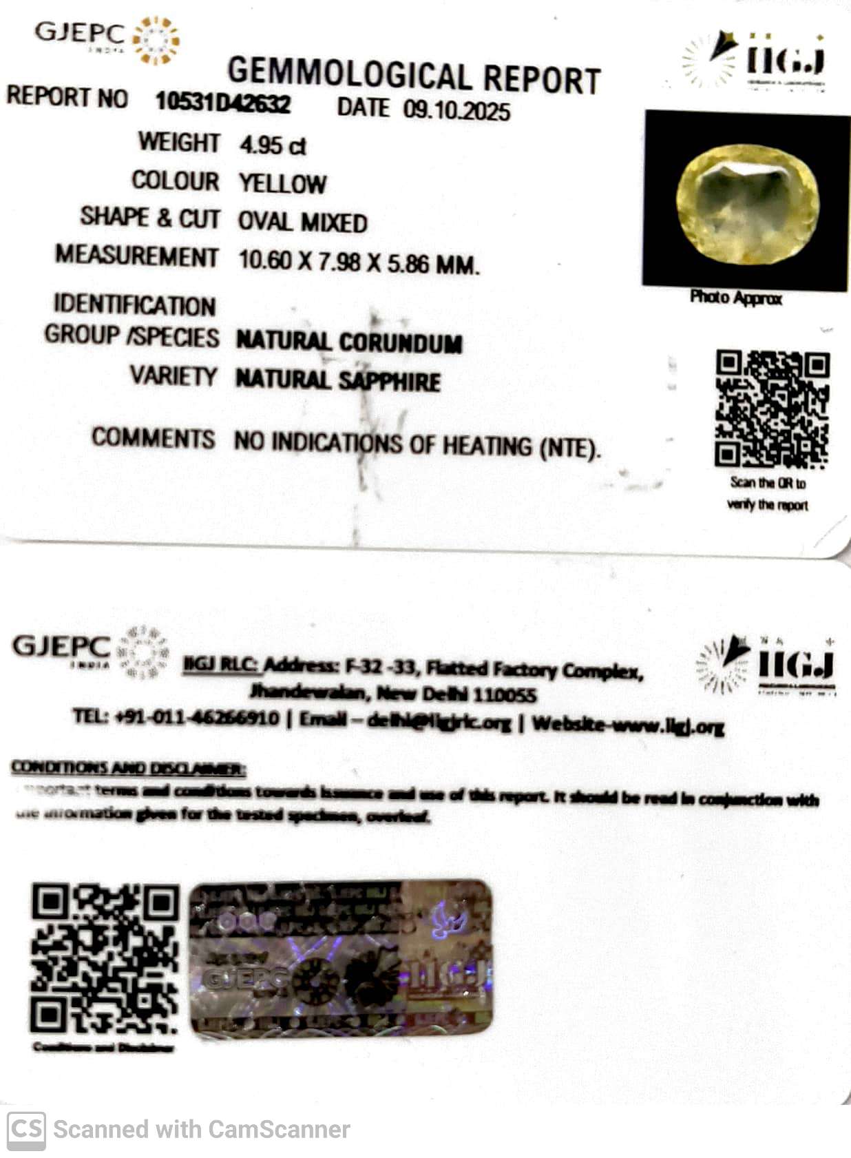 4.95/CT Natural Yellow Sapphire With Govt Lab Certificate (10531D42632)
