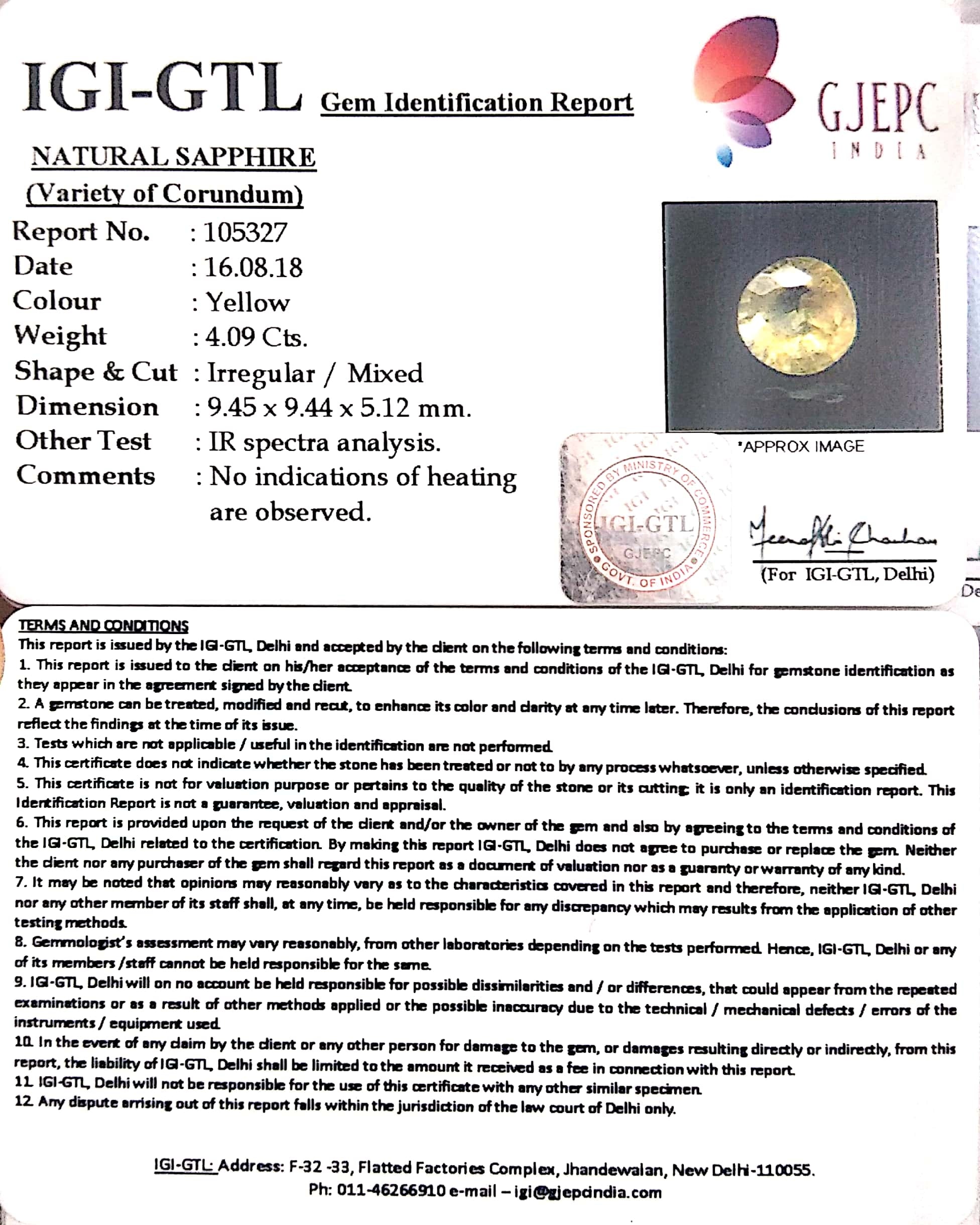 4.09/CT Natural Yellow Sapphire With Govt Lab Certificate-YELSA9U