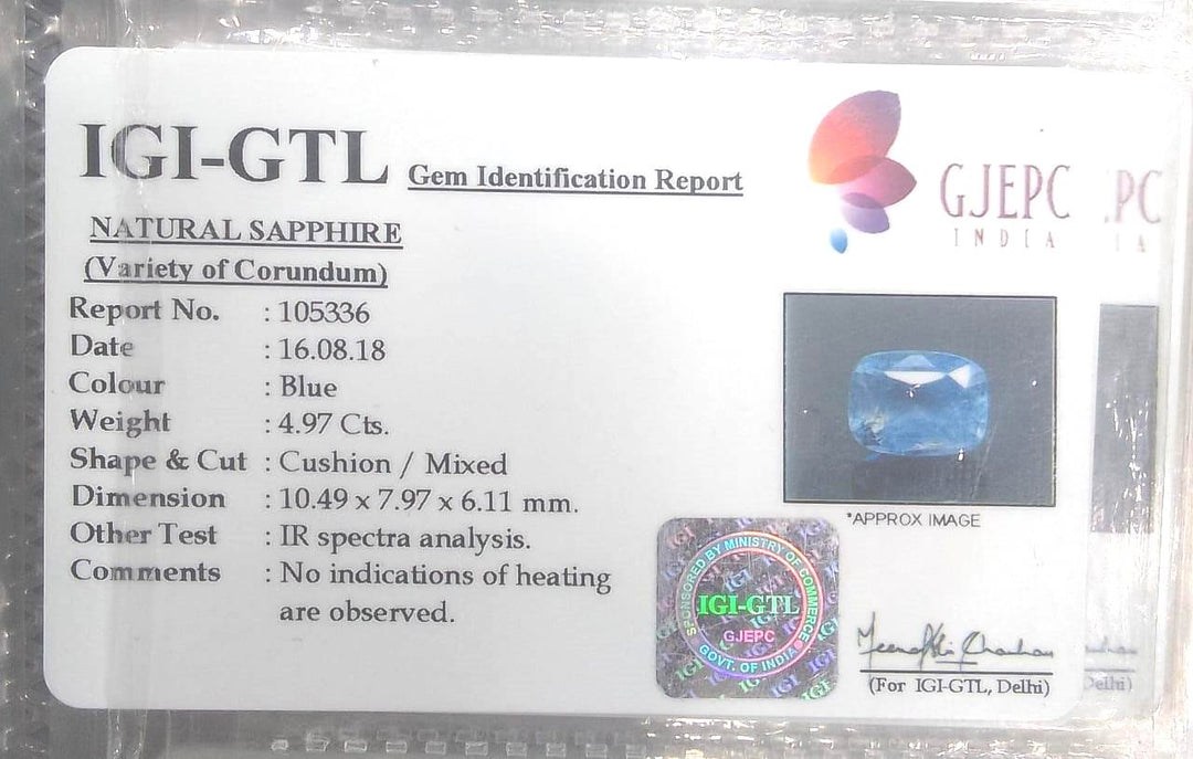 4.97/Carat Natural Blue Sapphire with Govt Lab Certificate-BLUSA9A