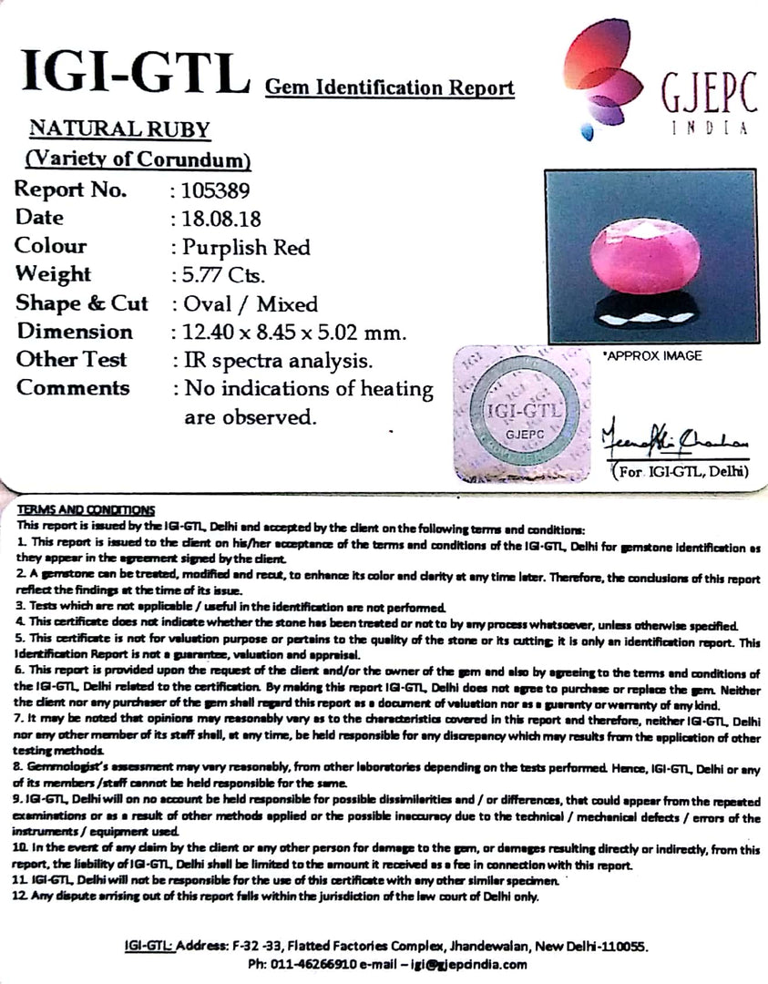 6.41 Ratti Natural New Burma Ruby with Govt. Lab Certificate