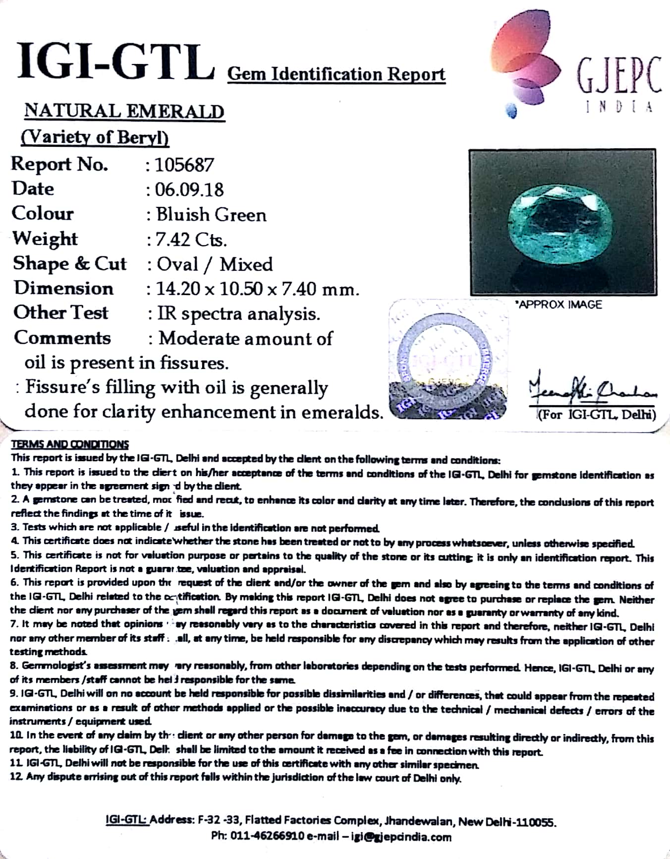 7.42/CT Natural Colombian Panna Stone With Govt. Lab Certificate (12210)