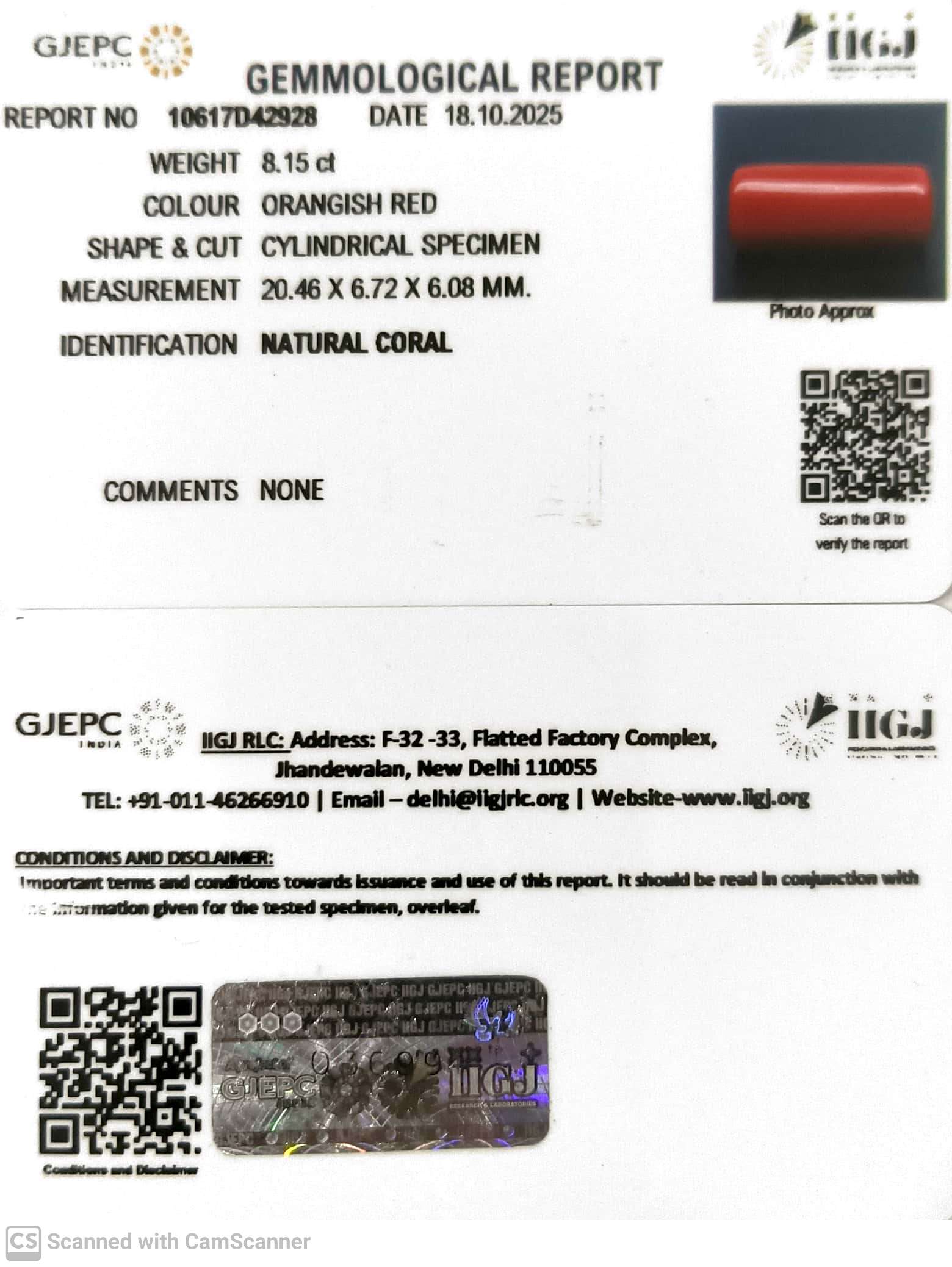 8.15/CT Natural Red Coral With Govt. Lab Certificate (1800)