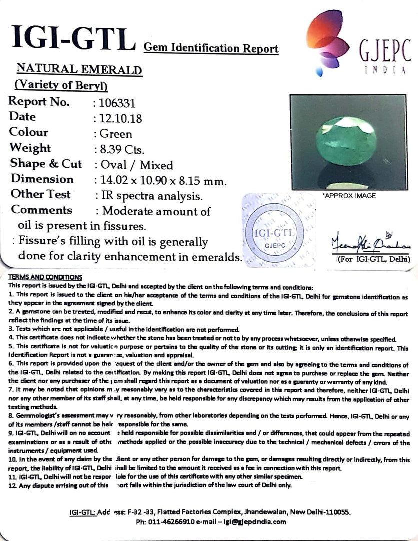 Natural ZAMBIAN Panna Stone With Govt. Lab Certificate (2331) - 8.39 CT.