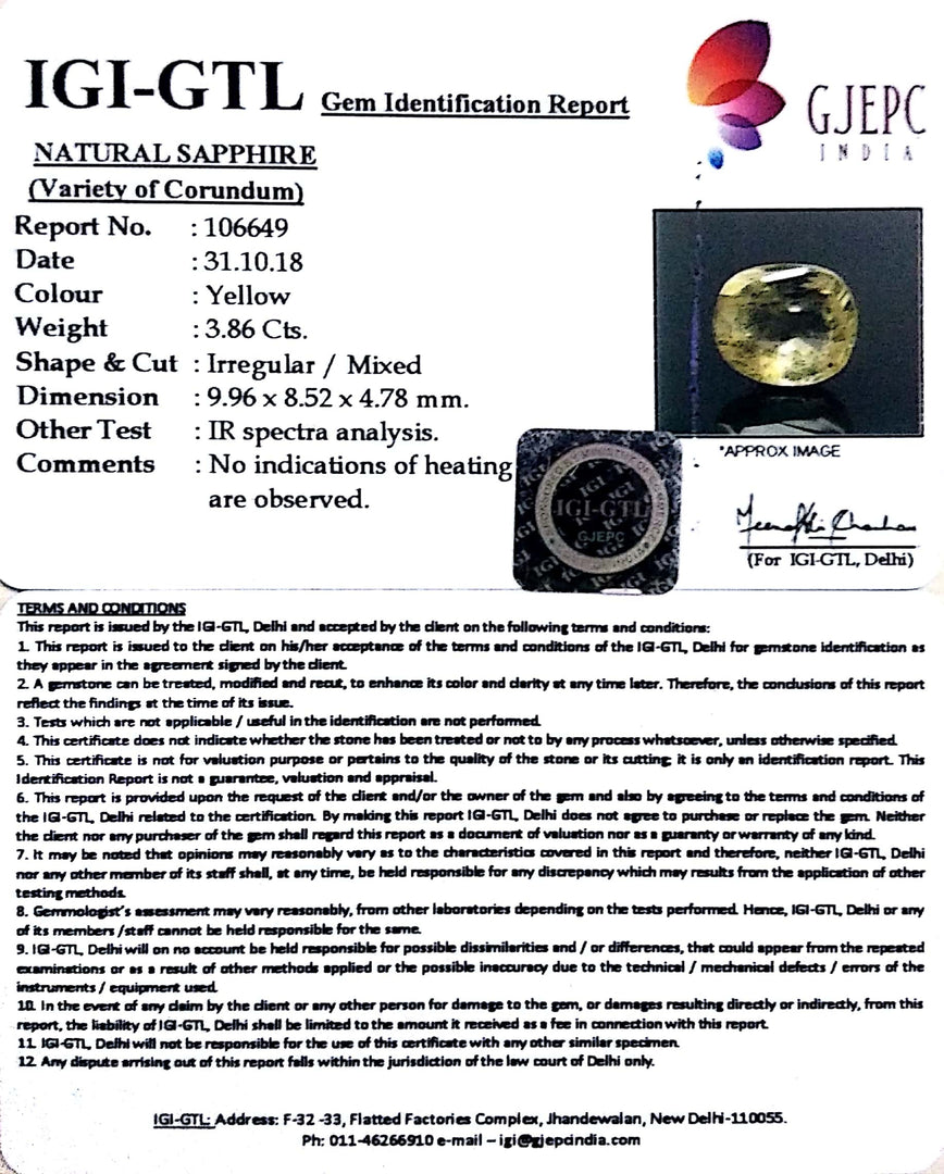 3.86/CT Natural Yellow Sapphire With Govt Lab Certificate-YELSA9V