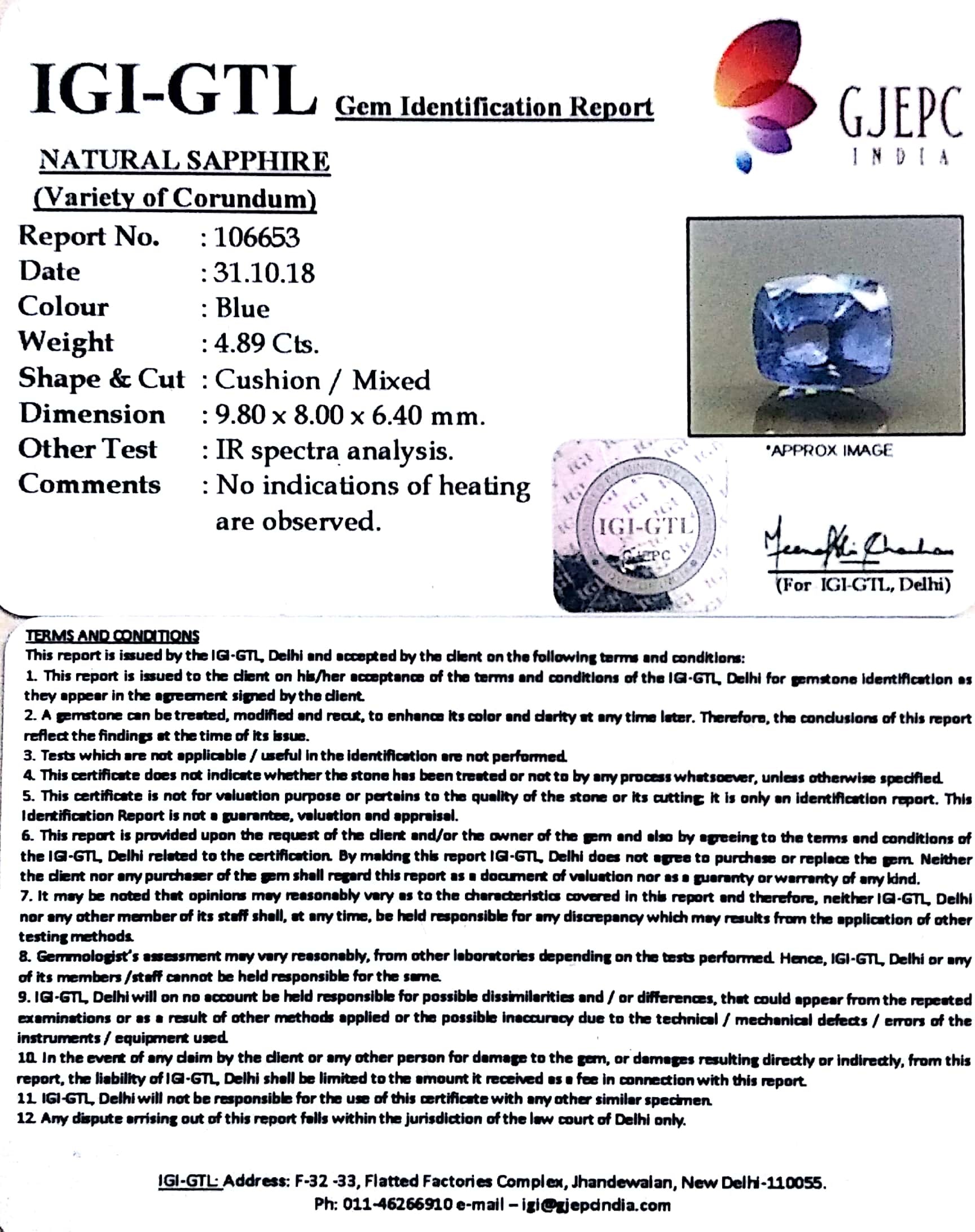 4.89/CT Natural Blue Sapphire With Govt Lab Certificate-BLUSA9A