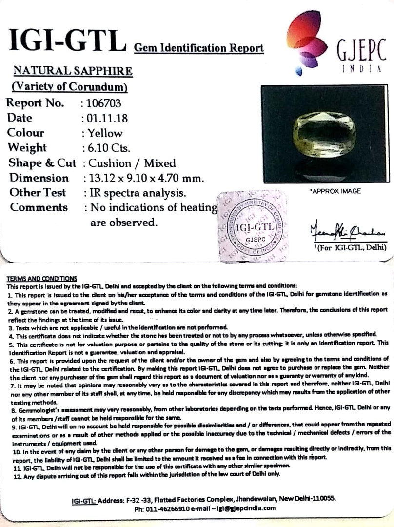 6.10/CT Natural Yellow Sapphire With Govt Lab Certificate-56610