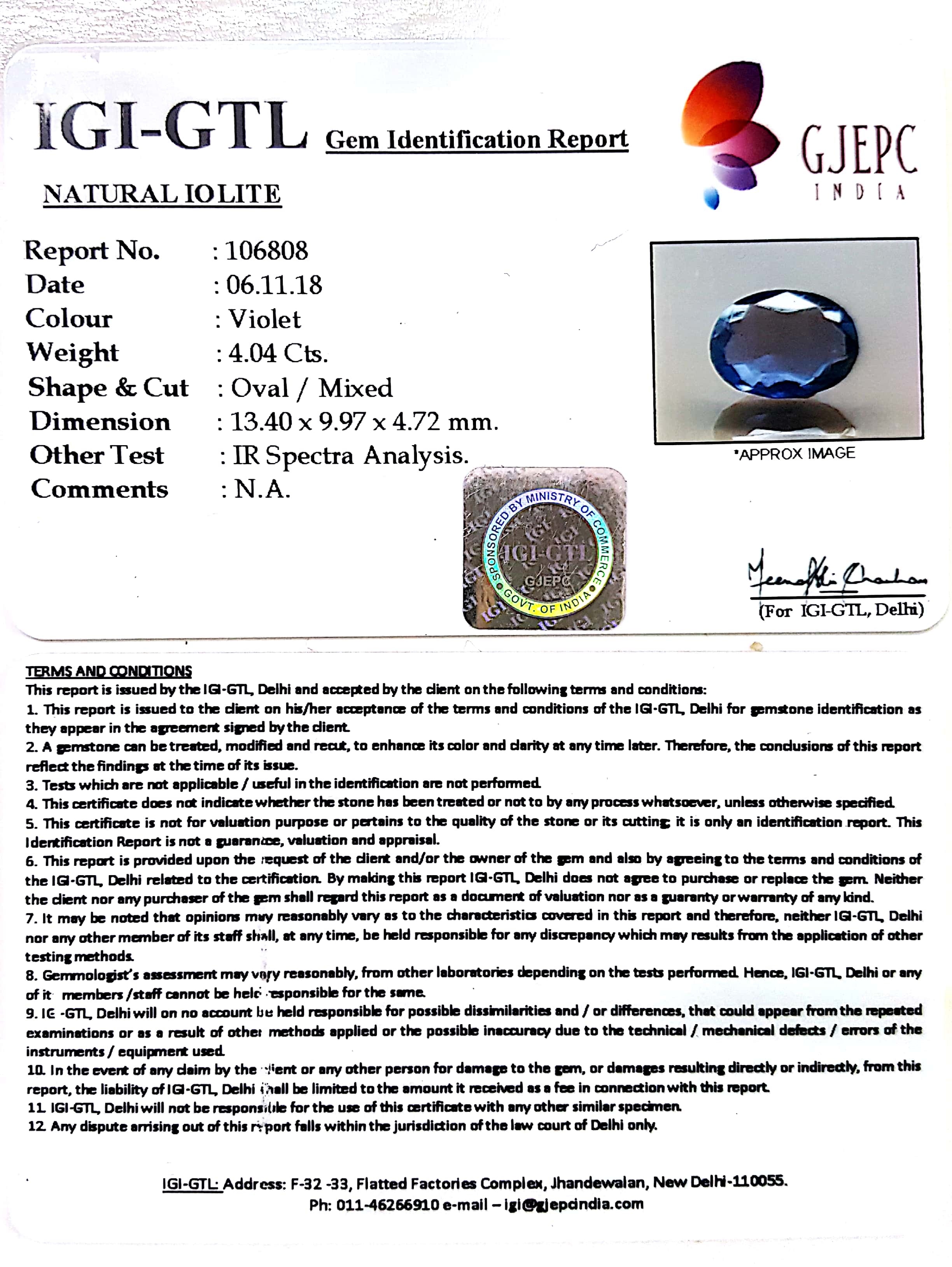4.04/CT Natural Iolite Gemstone