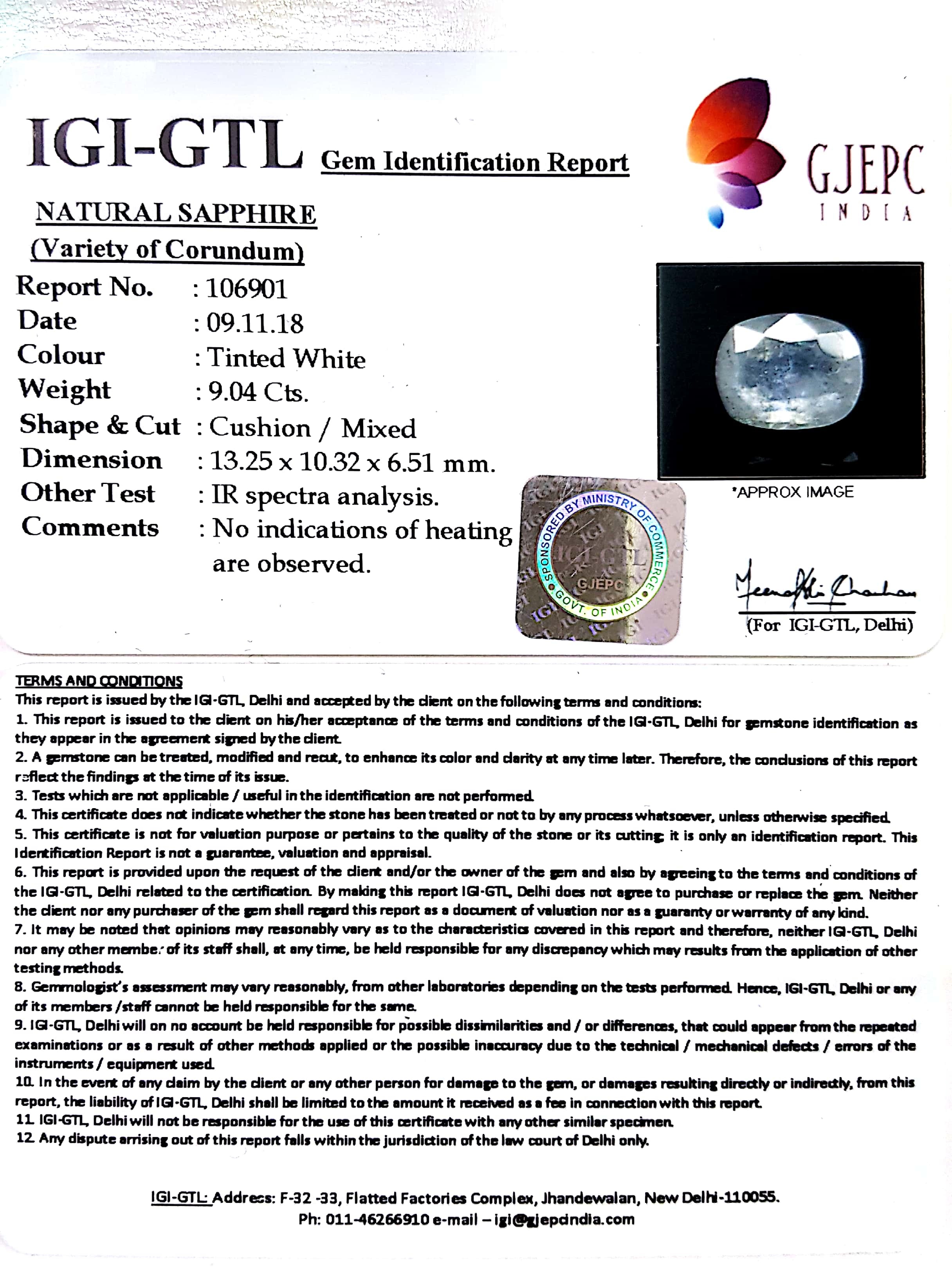 9.04/CT Natural White Sapphire with Govt Lab Certificate(6771)