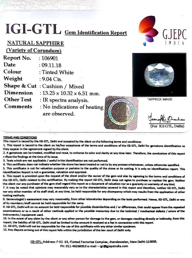 9.04/CT Natural White Sapphire with Govt Lab Certificate(6771)