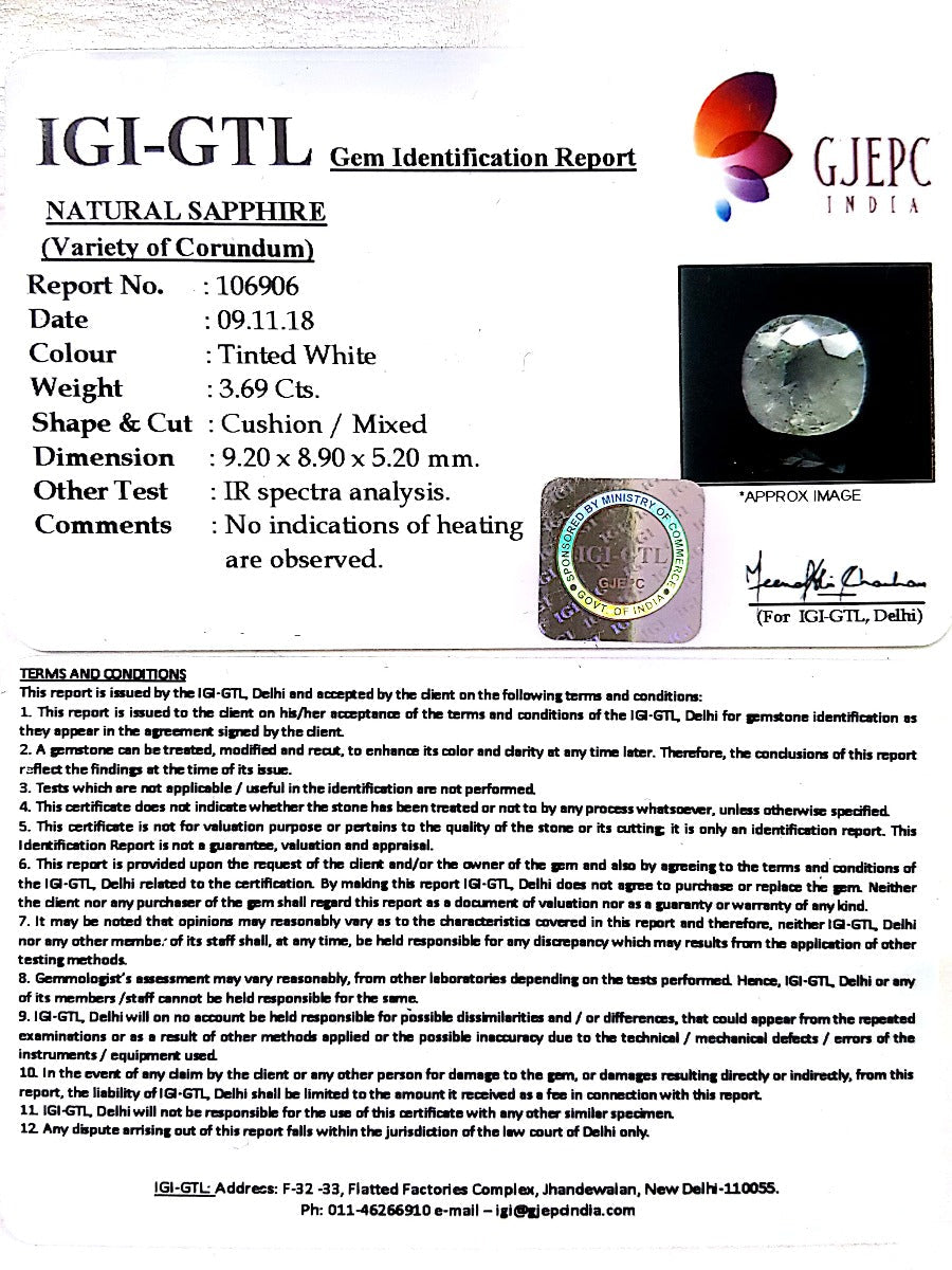 4.09 Ratti Natural White Sapphire with Govt Lab Certificate - (4551)