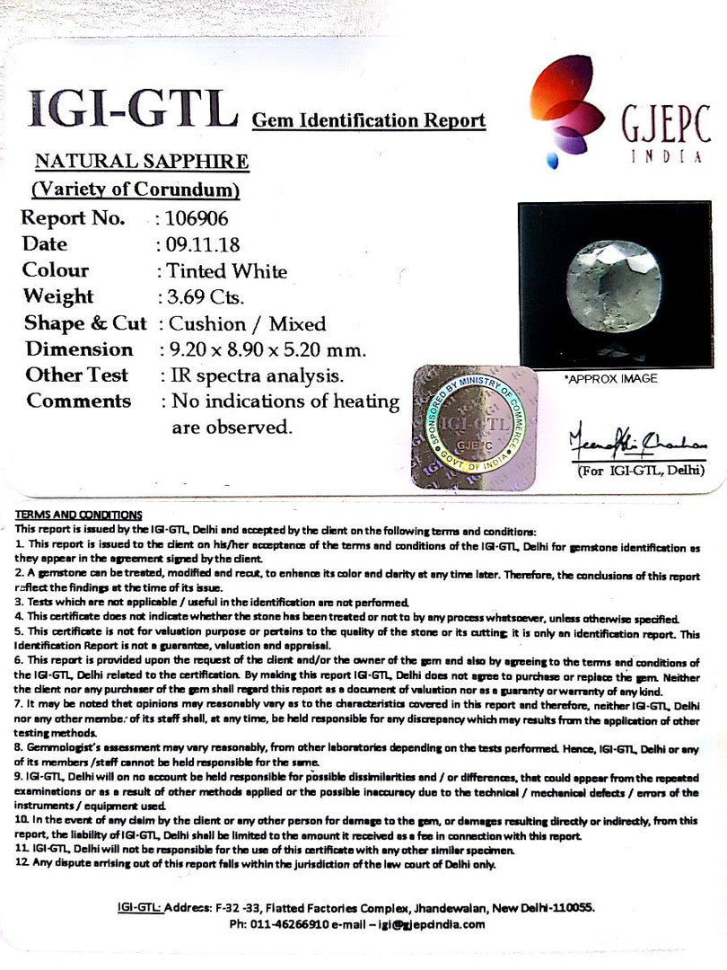 4.09 Ratti Natural White Sapphire with Govt Lab Certificate - (4551)