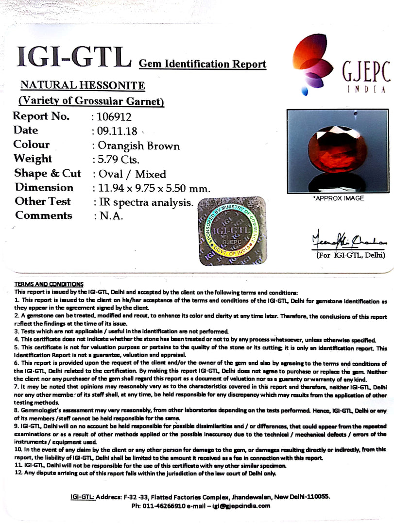 6.43 Ratti Natural Hessonite with Govt. Lab Certificate-(1221)
