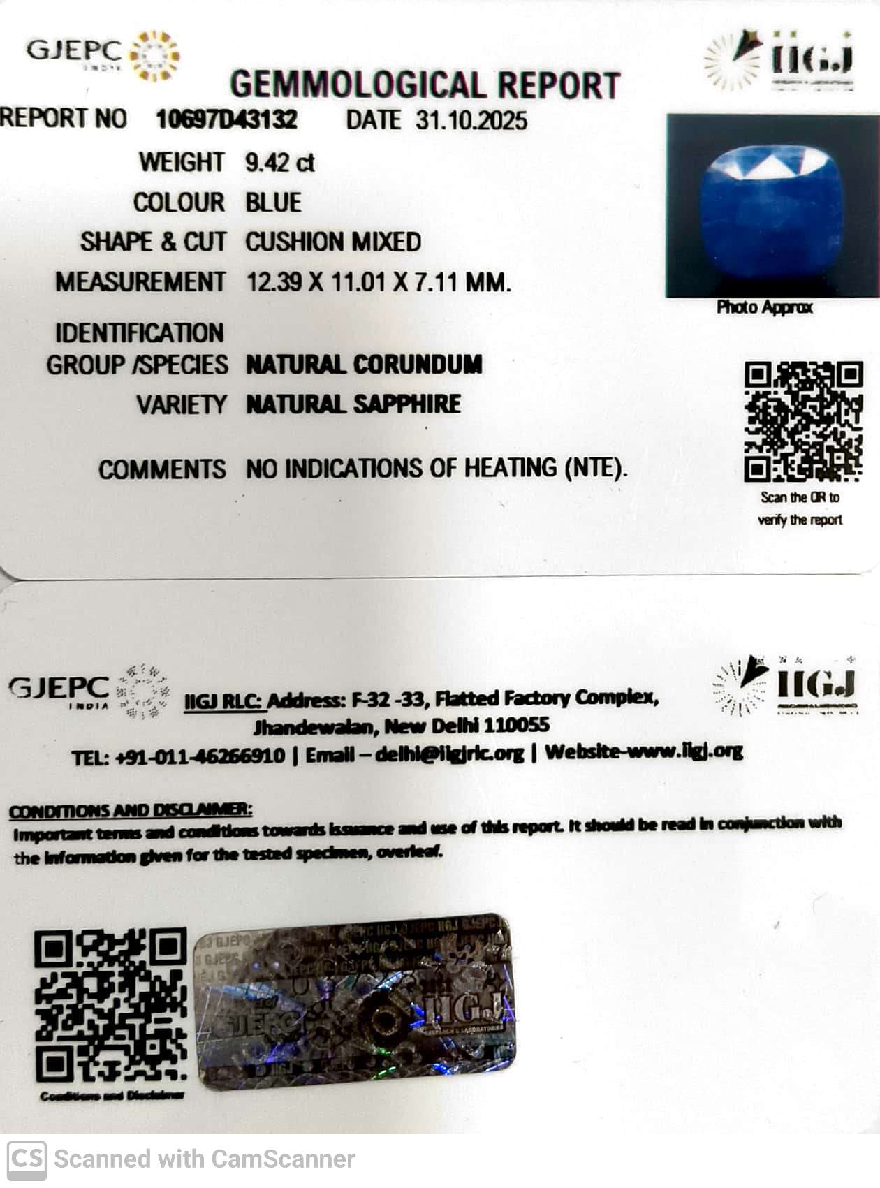 9.42/CT Natural Blue Sapphire with Govt Lab Certificate-10697D43132