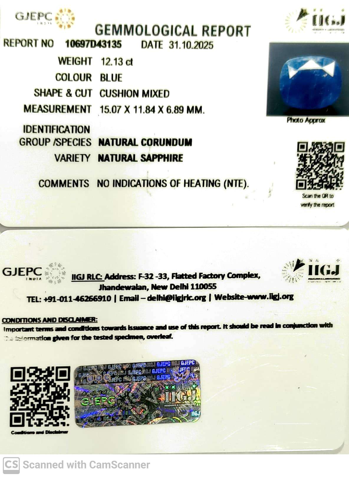 12.13/CT Natural Blue Sapphire with Govt Lab Certificate (6771)