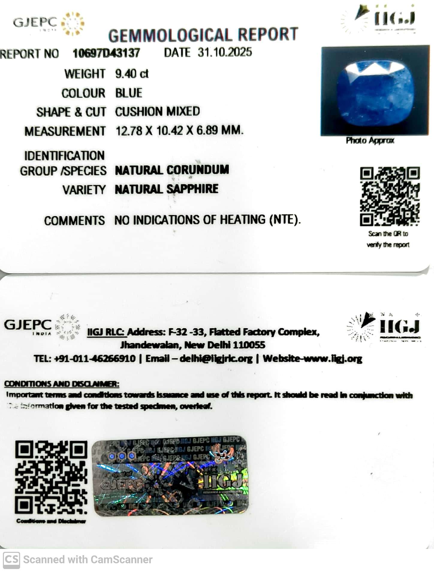 9.40/CT Natural Blue Sapphire with Govt Lab Certificate (4551)