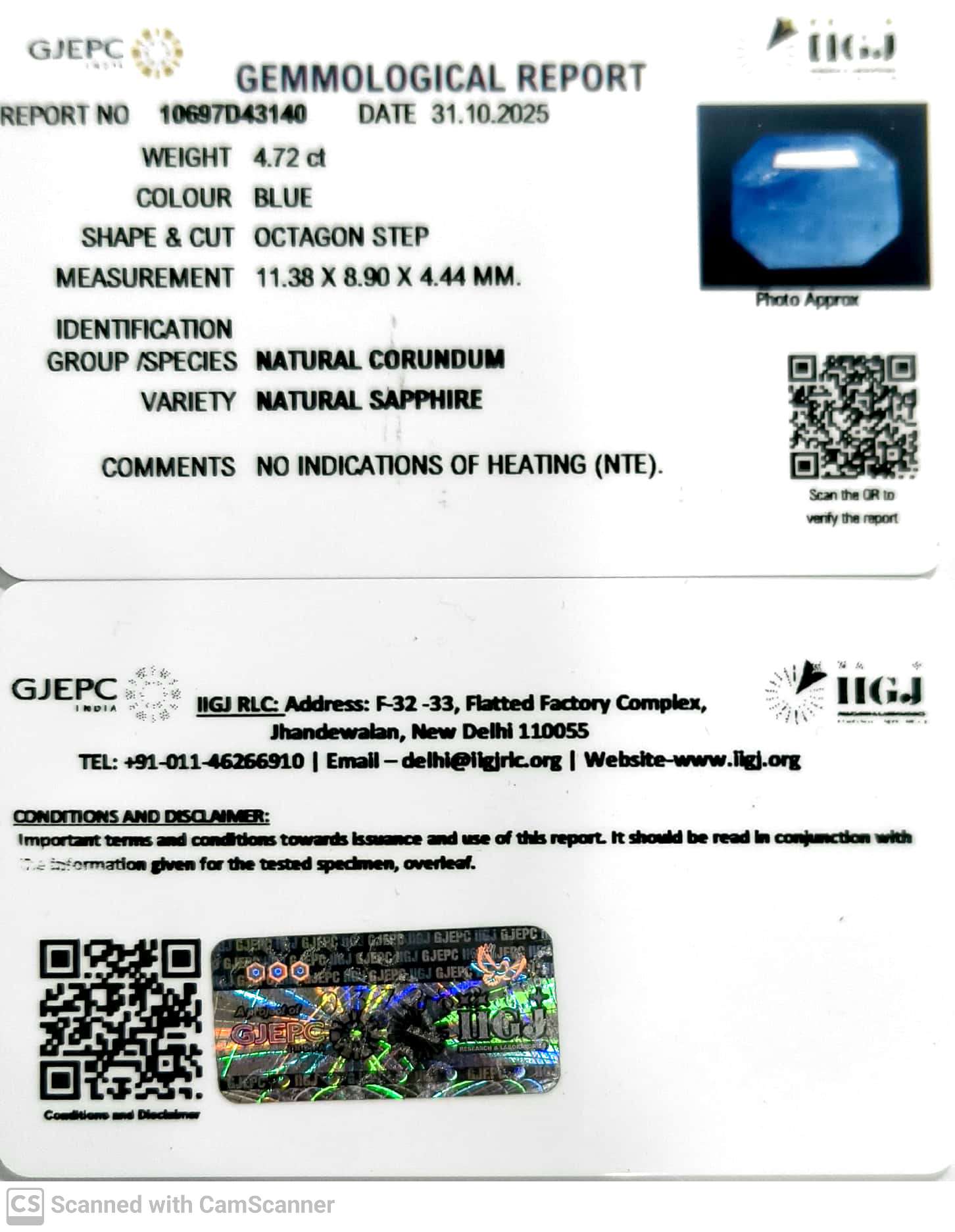 4.72/CT Natural Blue Sapphire with Govt Lab Certificate (6771)