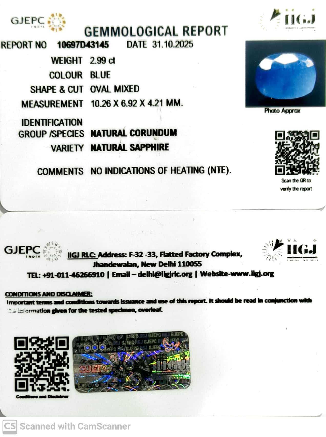 2.99/CT Natural Blue Sapphire with Govt Lab Certificate (6771)