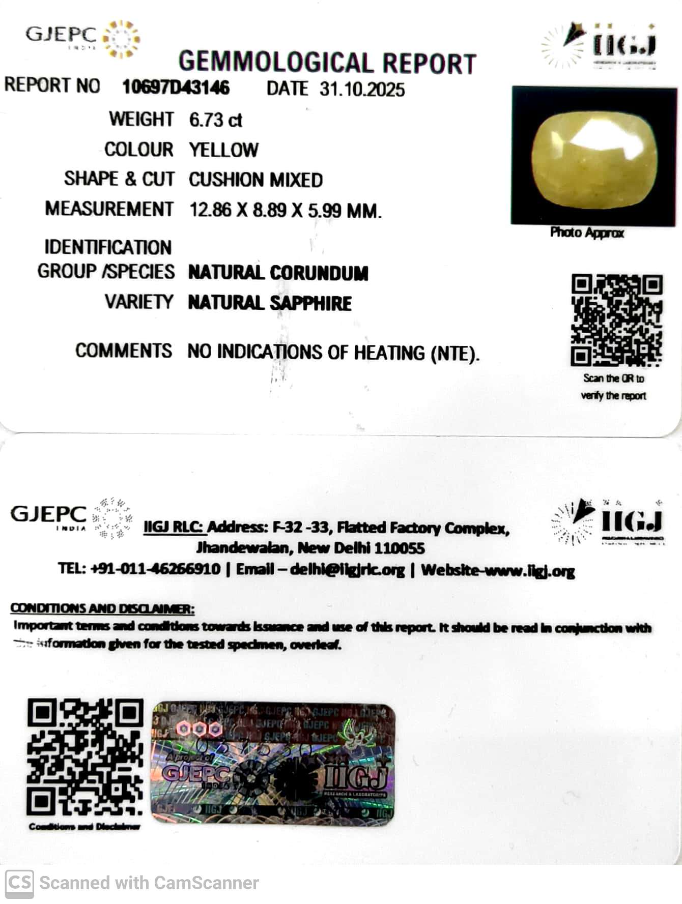 6.73/CT Natural Yellow Sapphire With Govt Lab Certificate (6771)