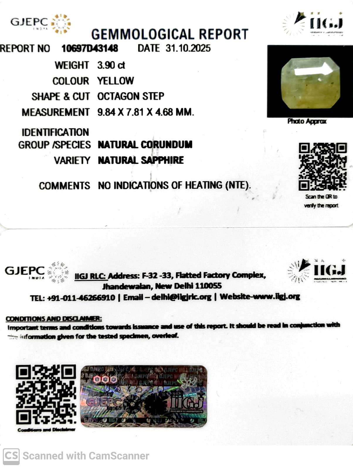 3.90/CT Natural Yellow Sapphire With Govt Lab Certificate (6771)