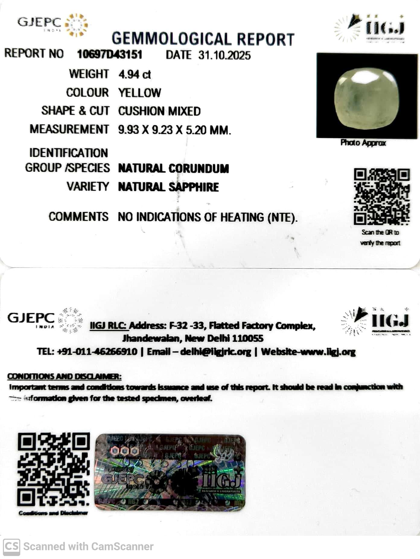 4.94/CT Natural Yellow Sapphire With Govt Lab Certificate (6771)