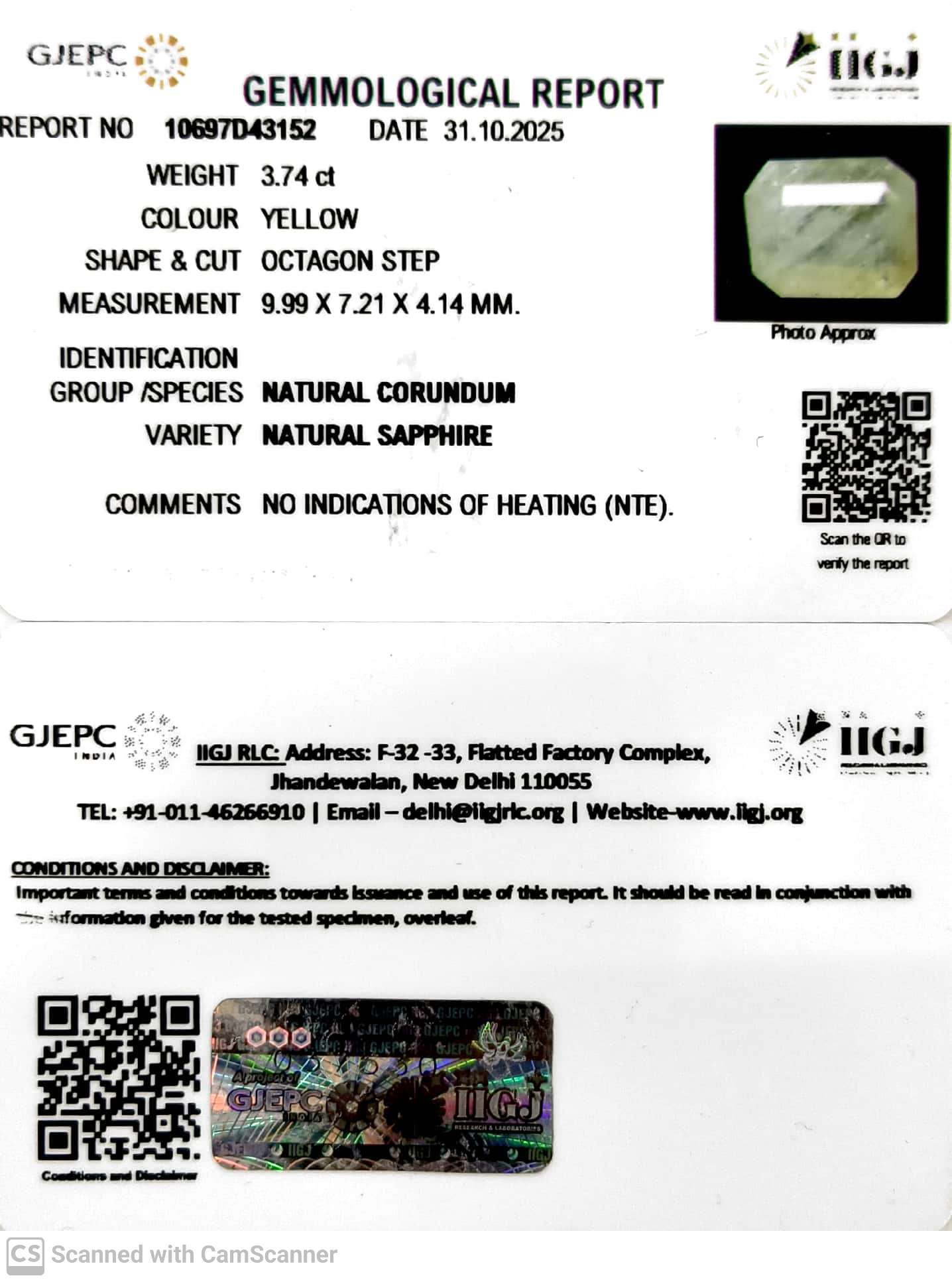 3.74/CT Natural Yellow Sapphire With Govt Lab Certificate (6771)
