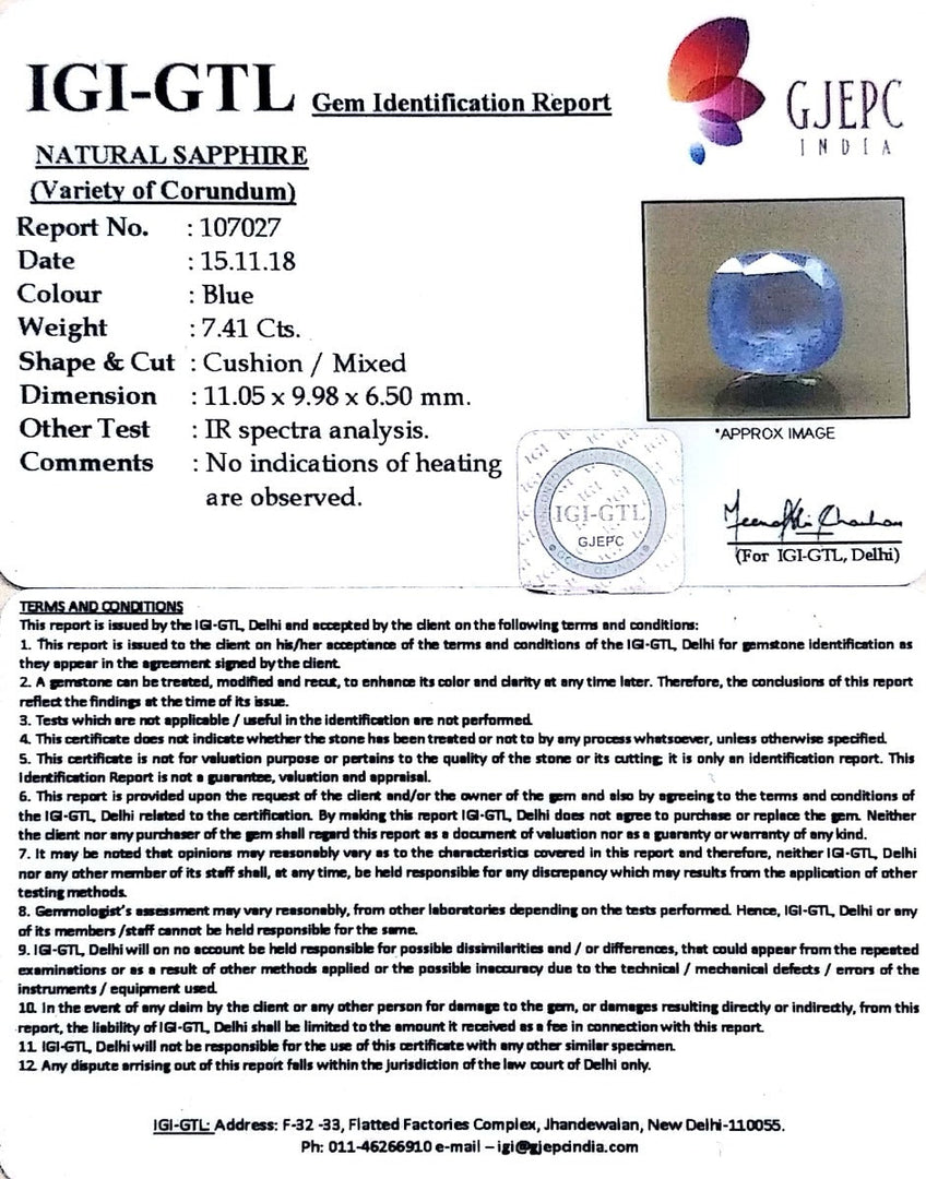 7.41/CT Natural Blue Sapphire with Govt Lab Certificate-BLUSA9U