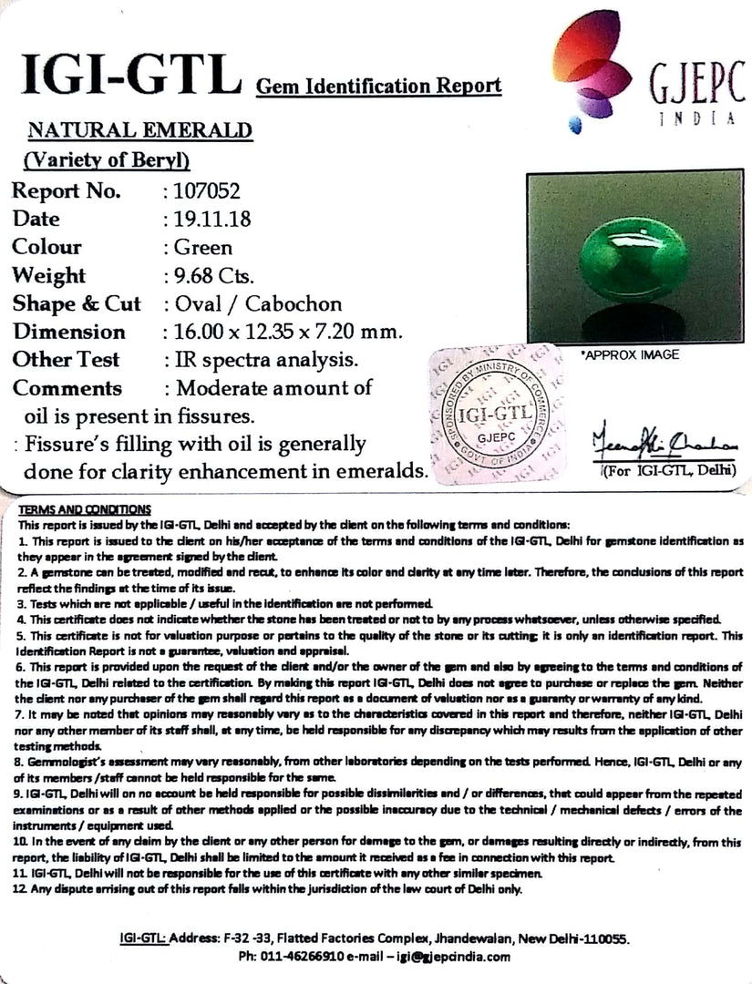 10.76 Ratti Natural Panna Stone With Govt. Lab Certificate (3441)