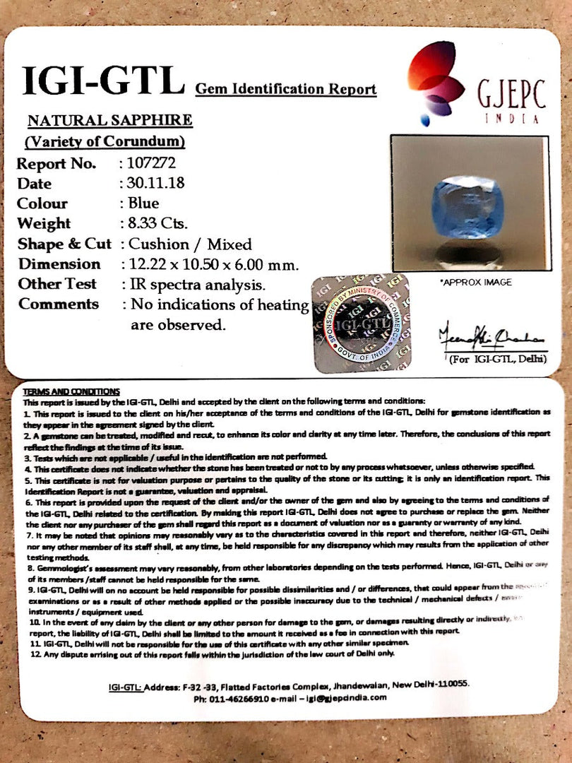 8.33/CT Natural Blue Sapphire with Govt Lab Certificate-BLUSA9T