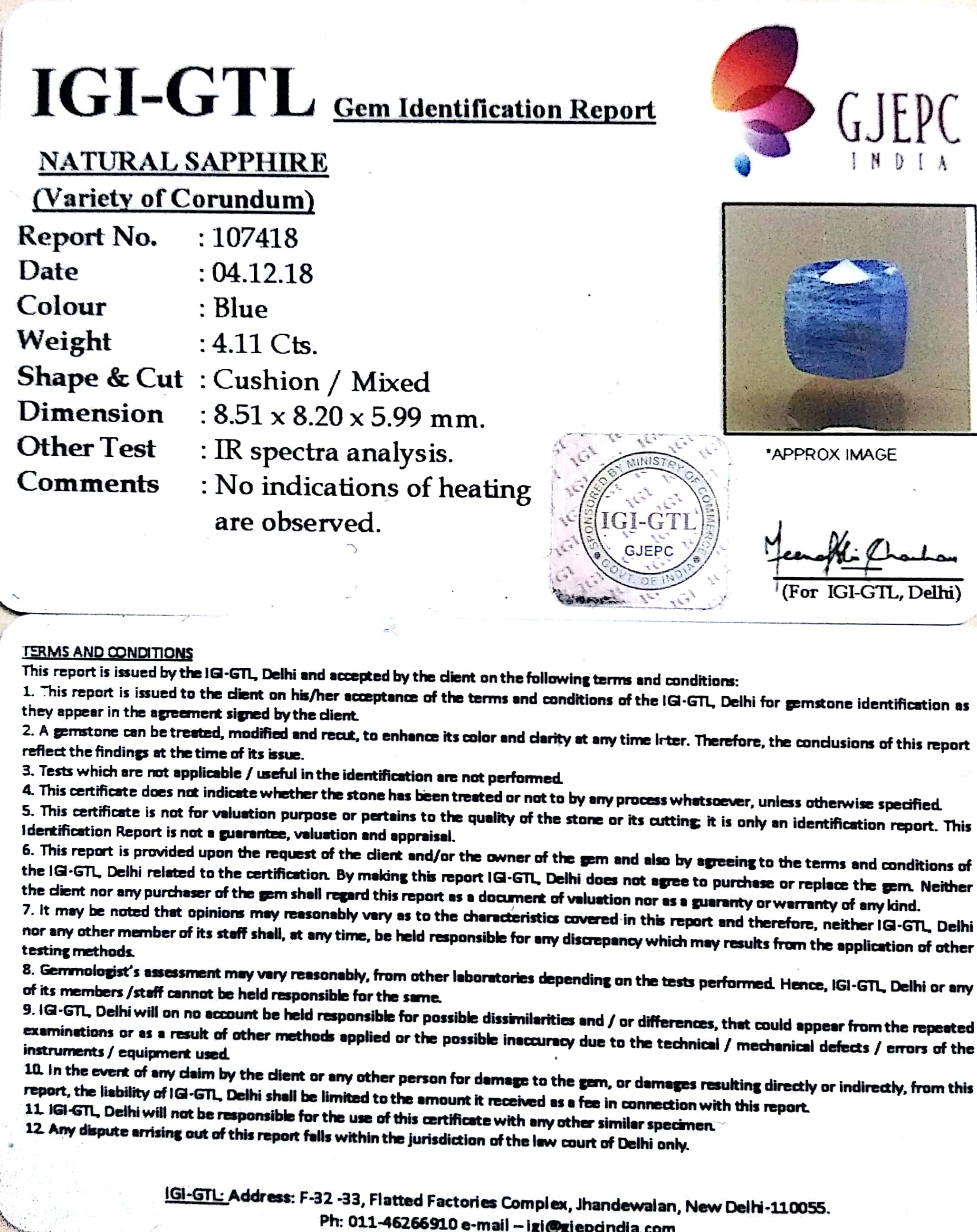 4.57 Ratti Natural Blue Sapphire with Govt Lab Certificate-(6771)