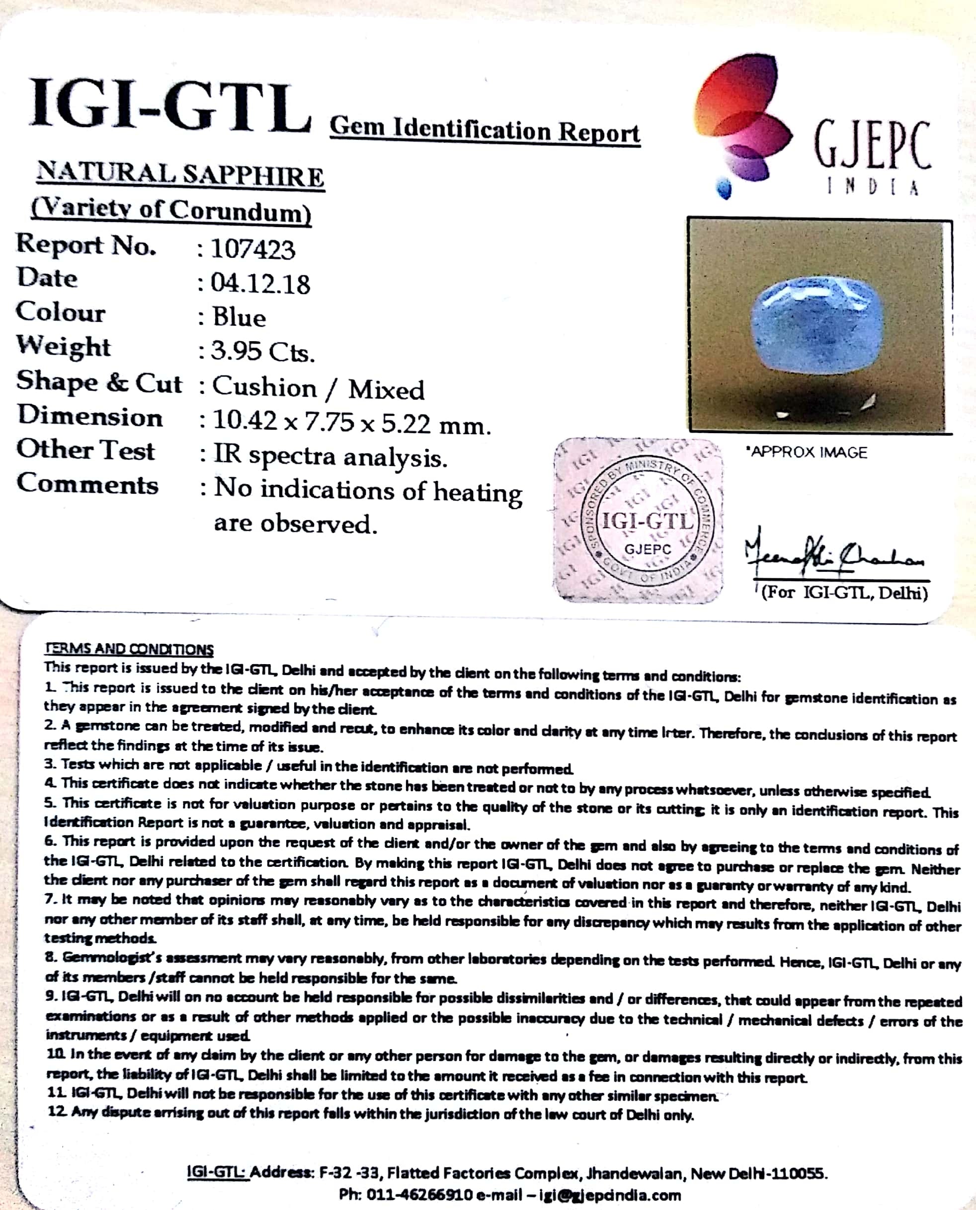 4.39 Ratti Natural Blue Sapphire with Govt Lab Certificate-(6771)