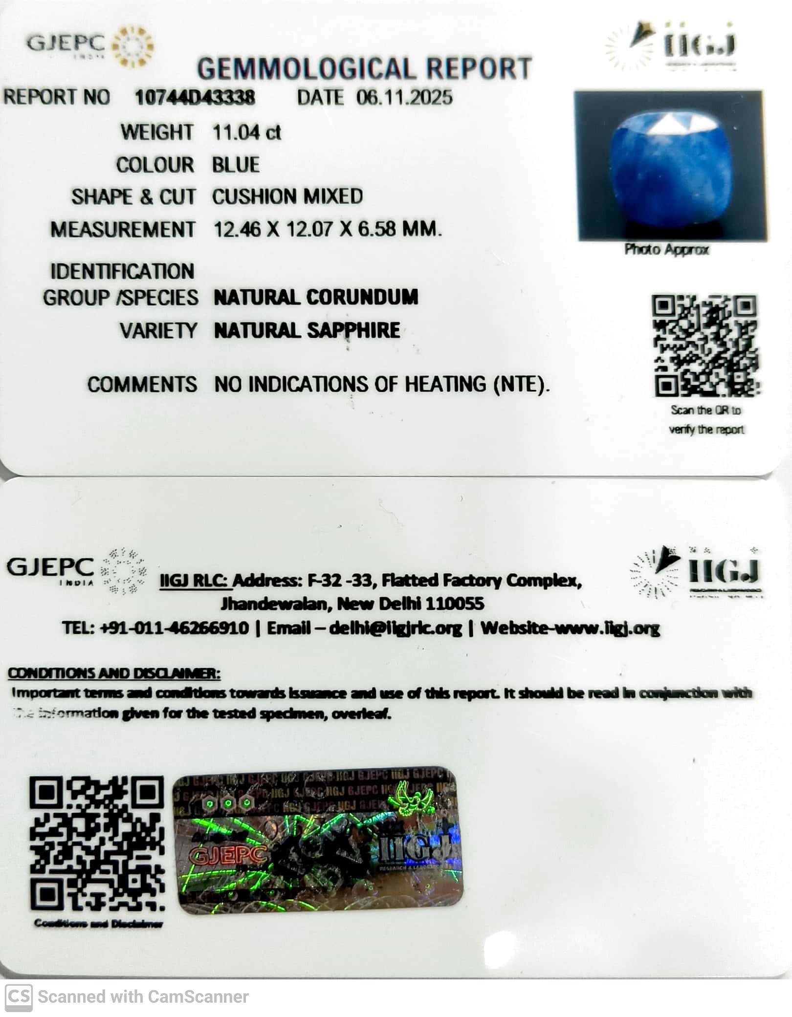 11.04/CT Natural Blue Sapphire with Govt Lab Certificate (4551)