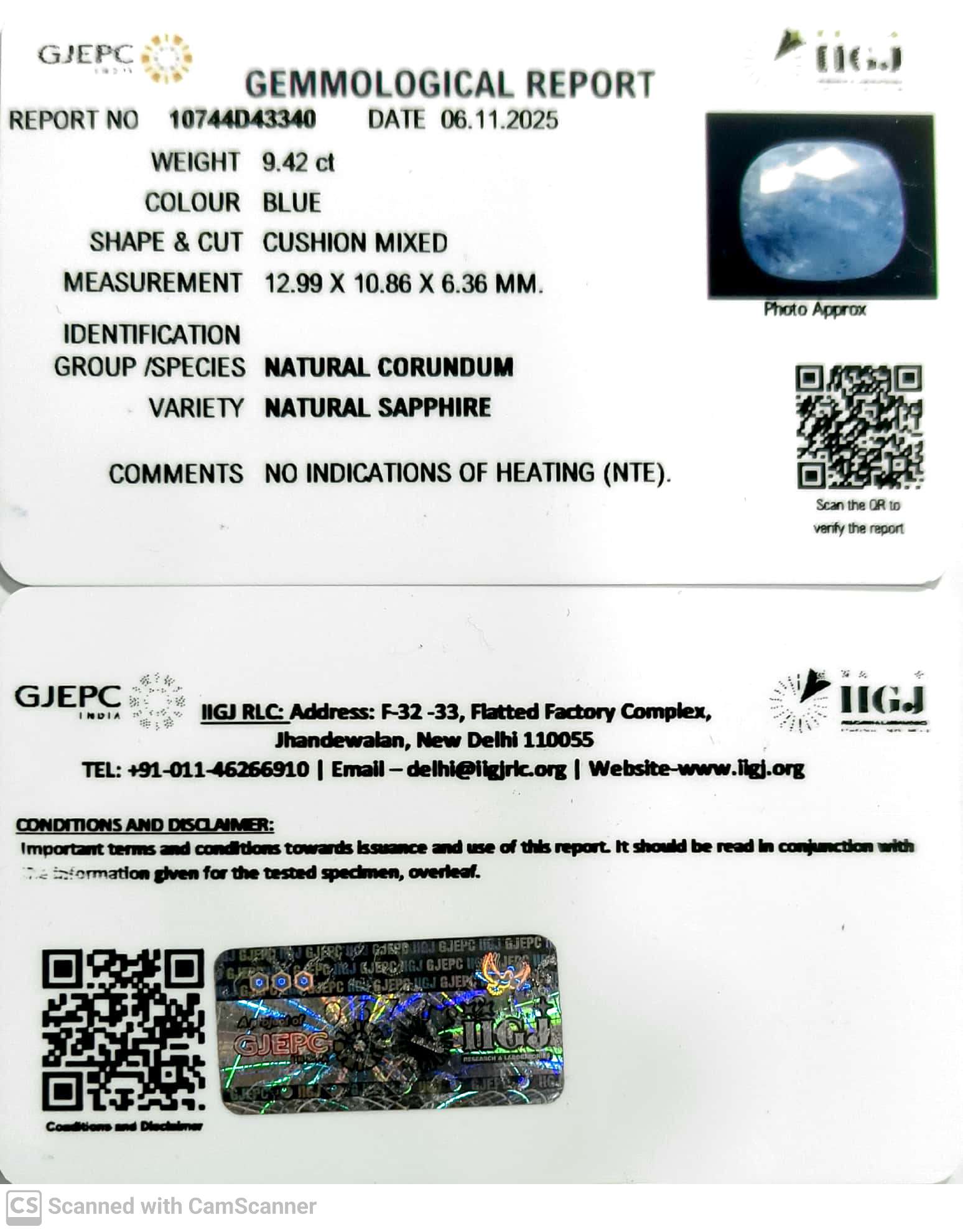 9.42/CT Natural Blue Sapphire with Govt Lab Certificate-10744D43340