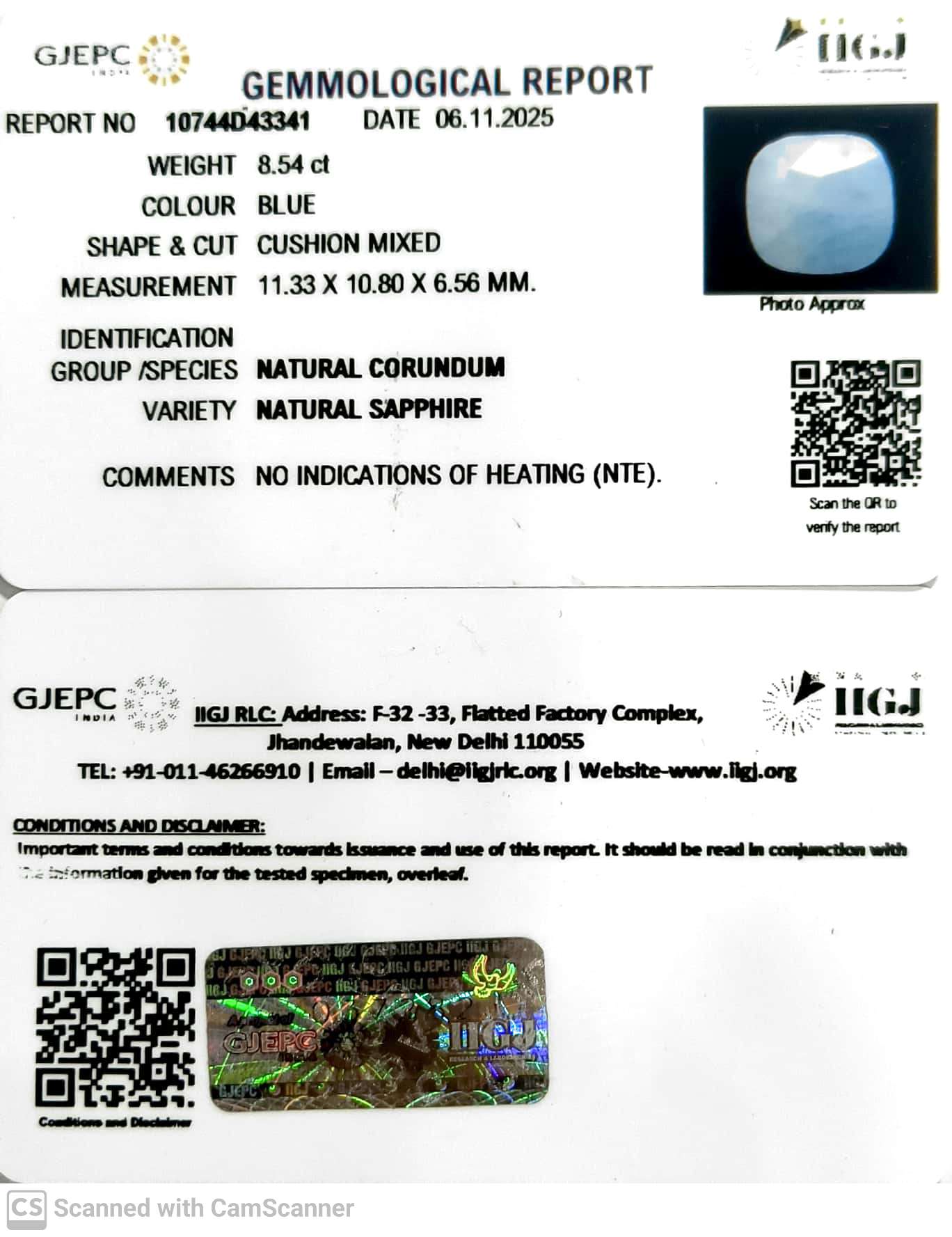 8.54/CT Natural Blue Sapphire with Govt Lab Certificate (4551)