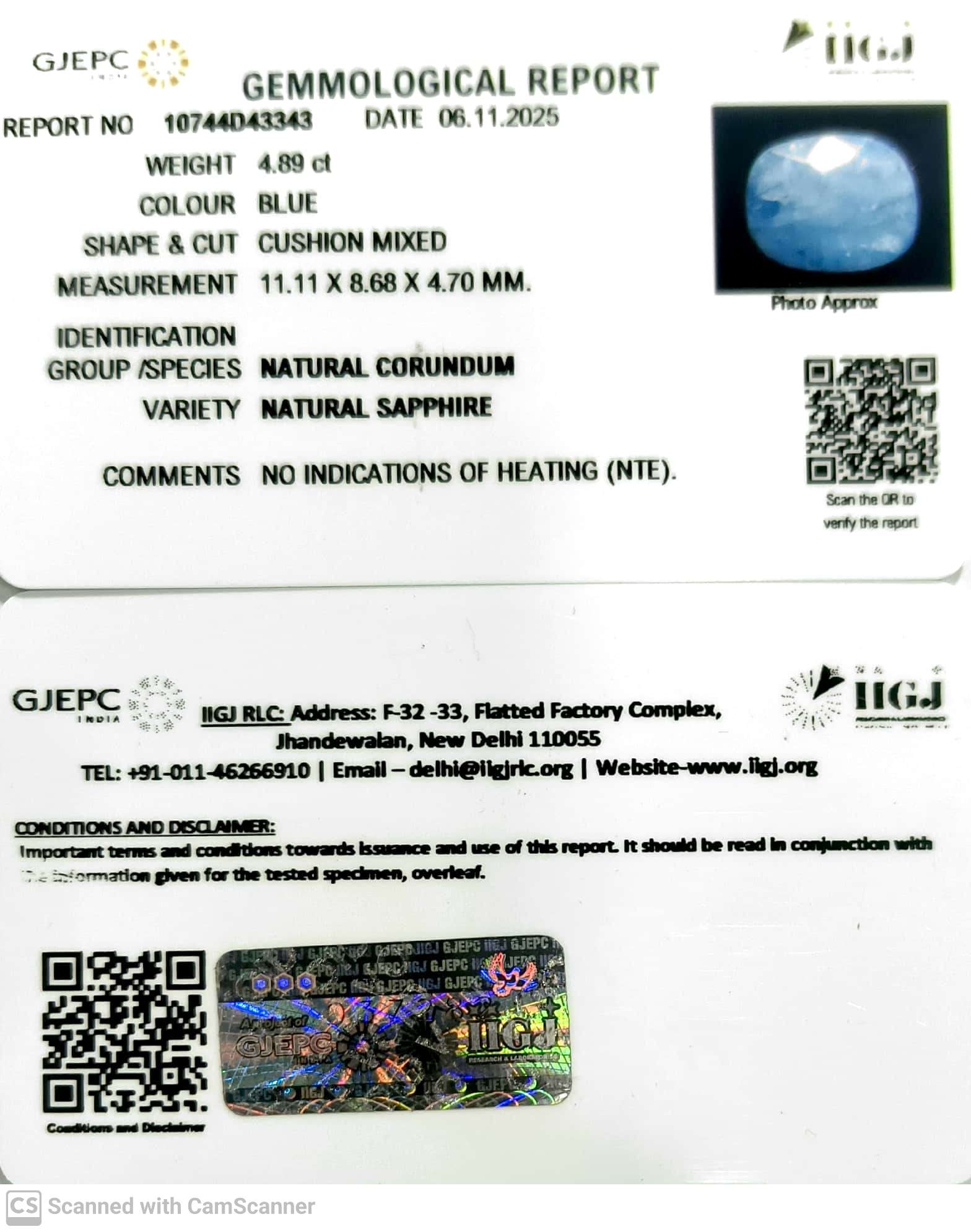 4.89/CT Natural Blue Sapphire with Govt Lab Certificate (8991)