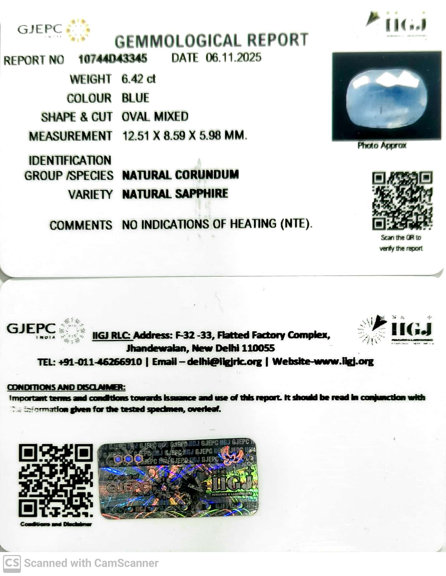 6.42/CT Natural Blue Sapphire with Govt Lab Certificate (8991)