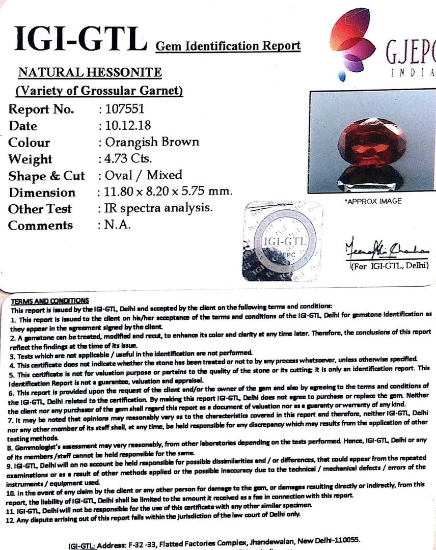 5.26 Ratti Natural Hessonite with Govt. Lab Certificate-(1221)