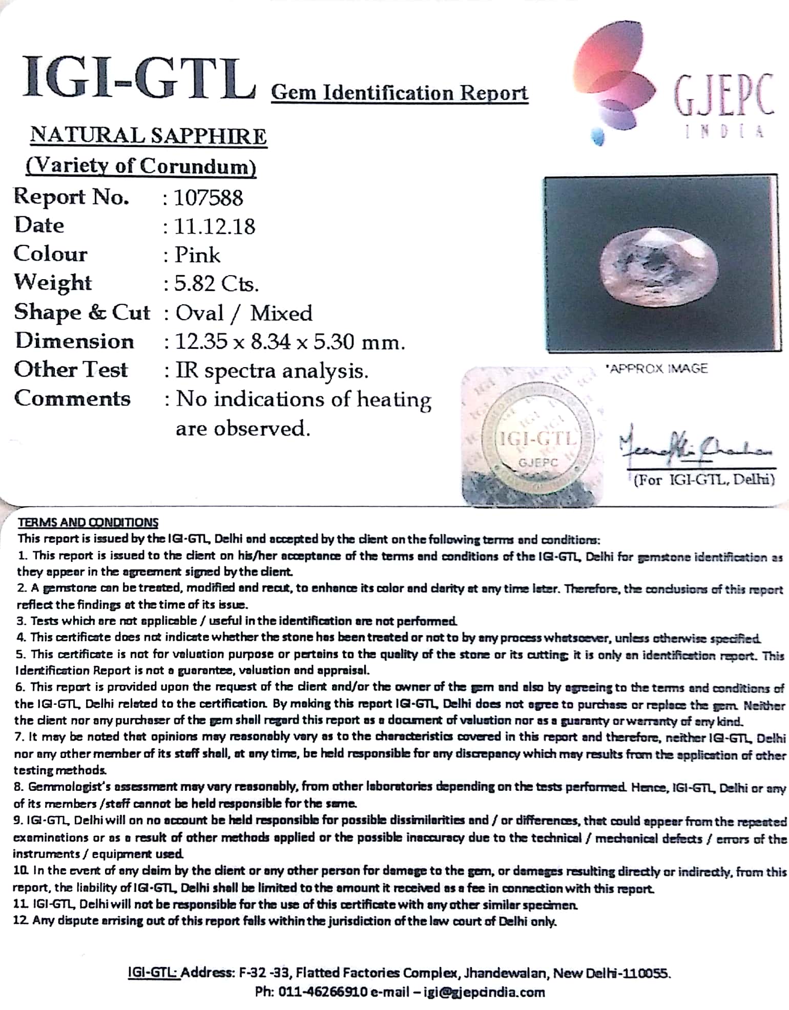 5.82/CT Natural Pink Sapphire with Govt Lab Certificate-107588