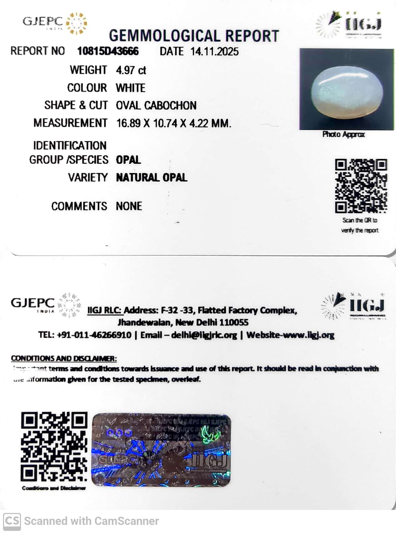 4.97/CT Natural Opal with Govt. Lab Certificate-10815D43666